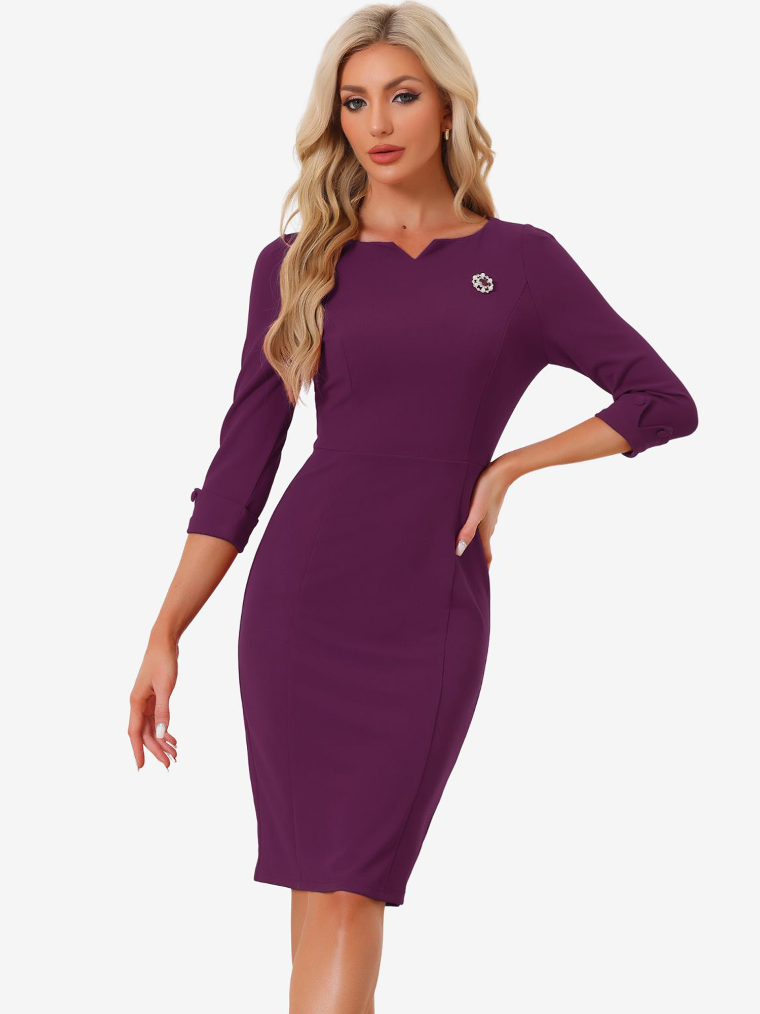 3/4 Sleeve Notch Neck Slim Fit Work Pencil Midi Dress Dark Purple/XL