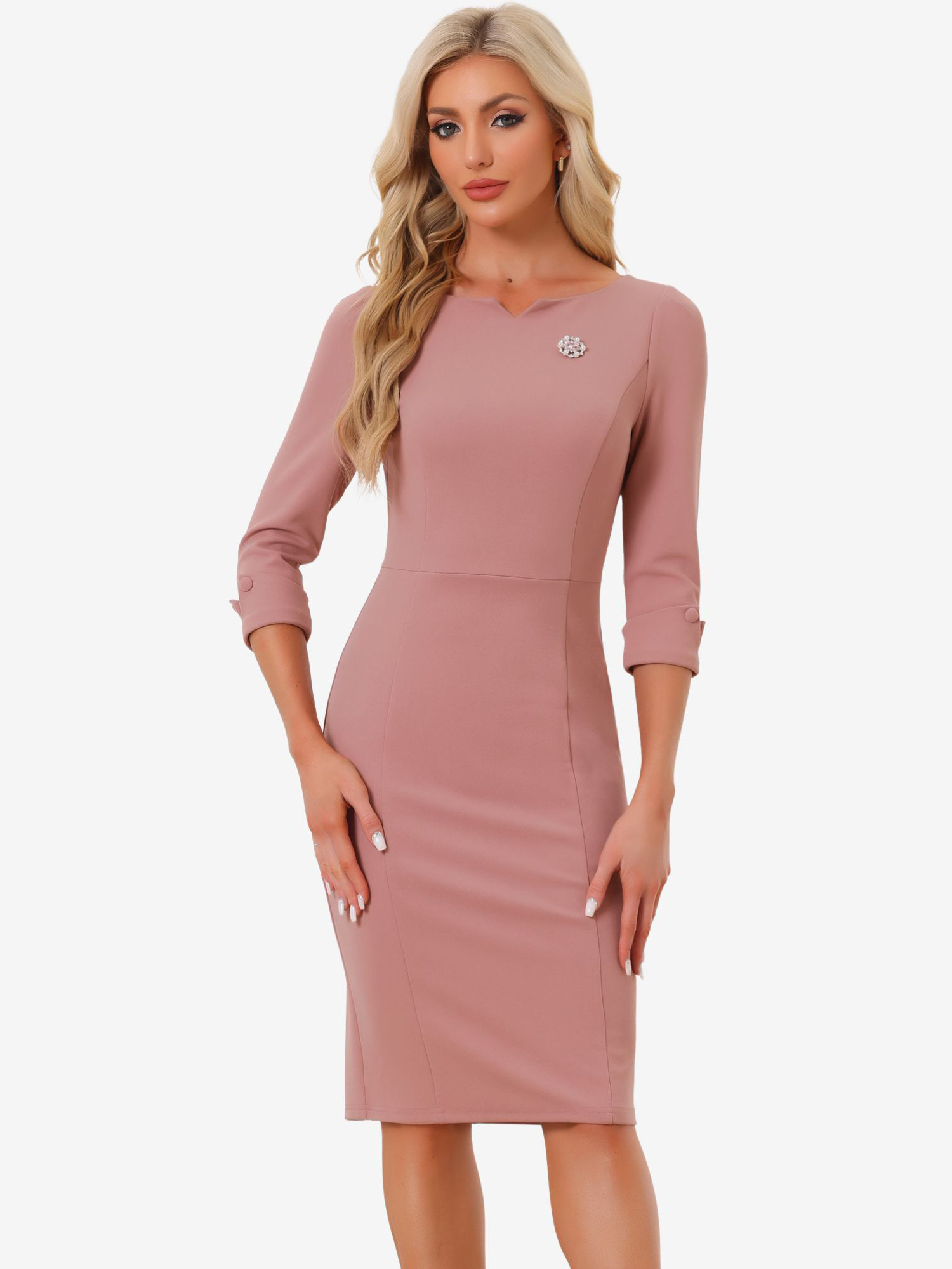 3/4 Sleeve Notch Neck Slim Fit Work Pencil Midi Dress Dirty Pink/XS