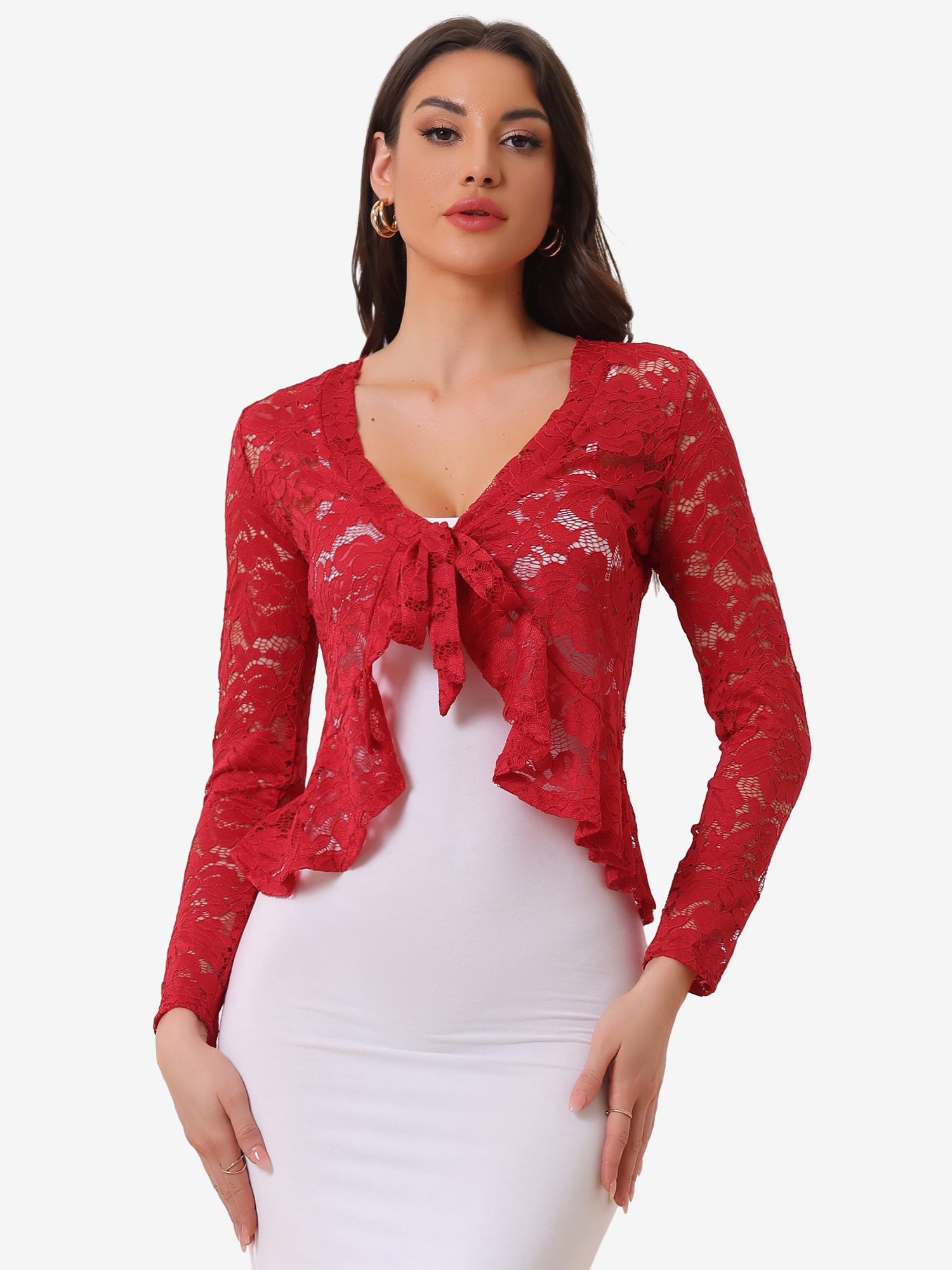 Floral Lace Shrug Tie Front Ruffled Hem Sheer Crop Bolero Red/XS