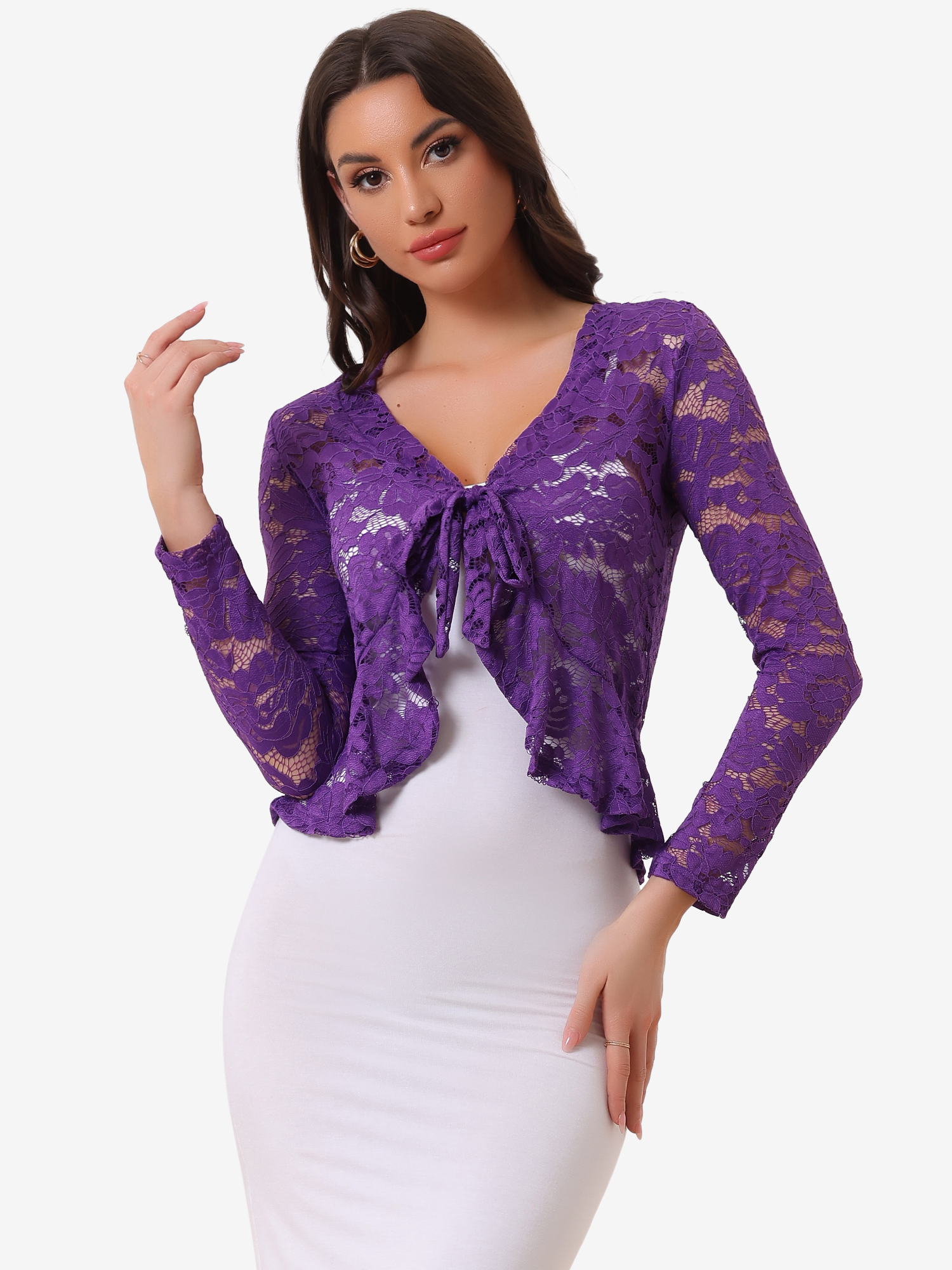 Floral Lace Shrug Tie Front Ruffled Hem Sheer Crop Bolero Violet Purple/L