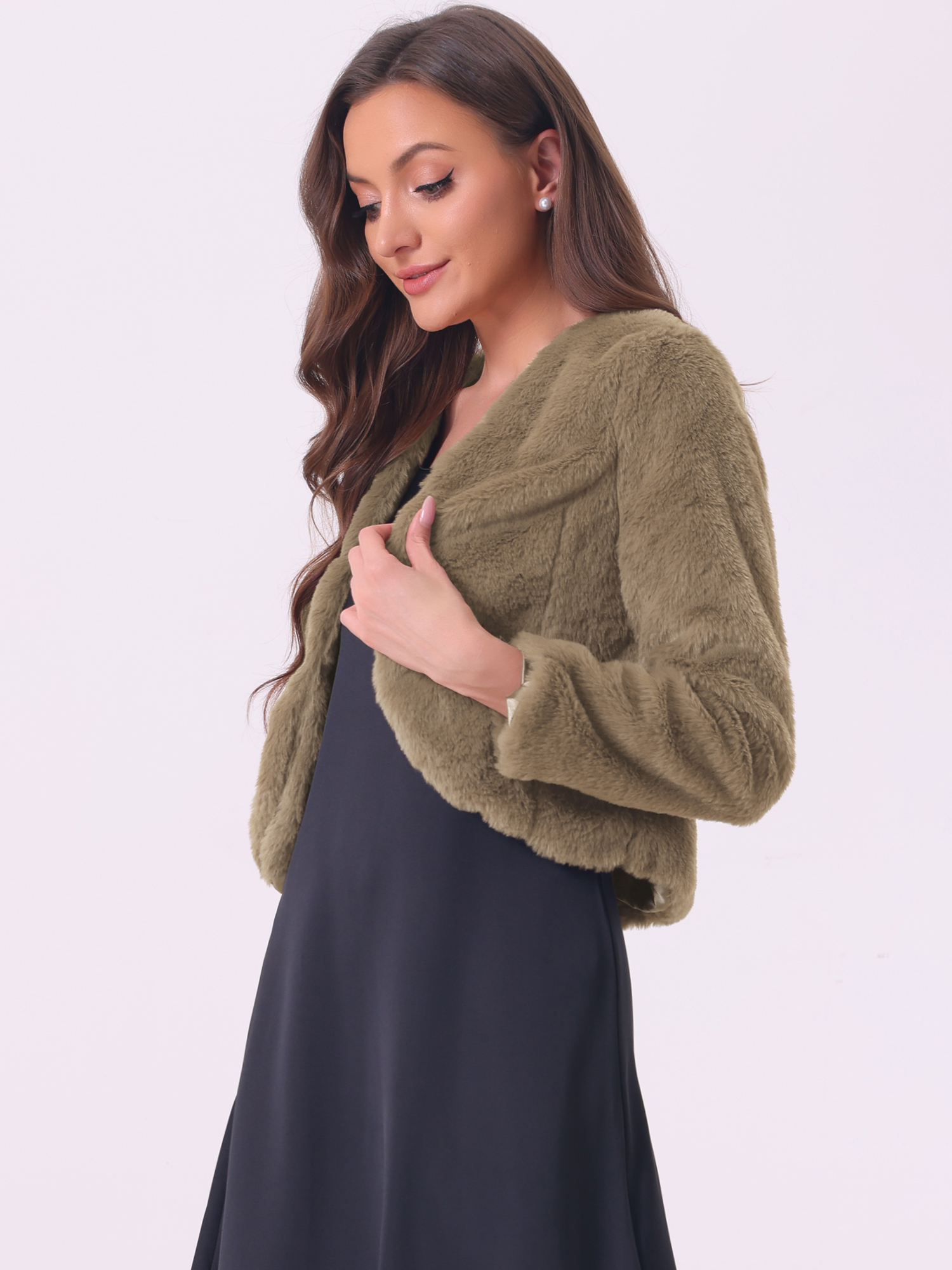Faux Fur Long Sleeve Open Front Bolero Winter Coat Cropped Jacket Dark Khaki/XL