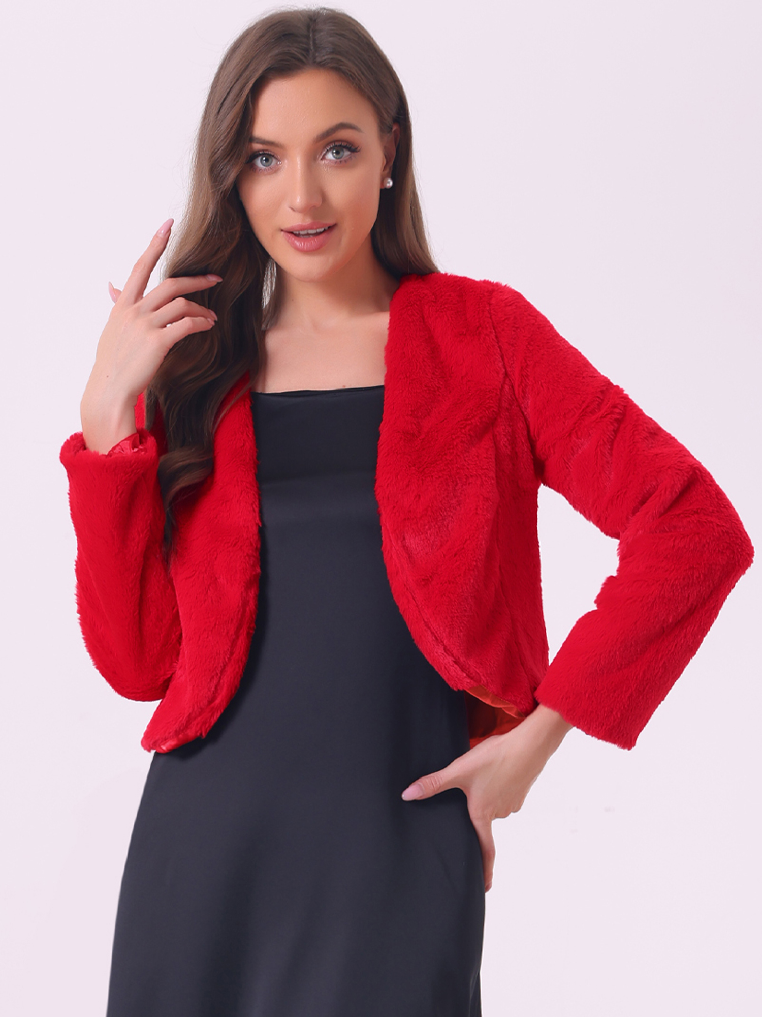 Faux Fur Long Sleeve Open Front Bolero Winter Coat Cropped Jacket Red/M