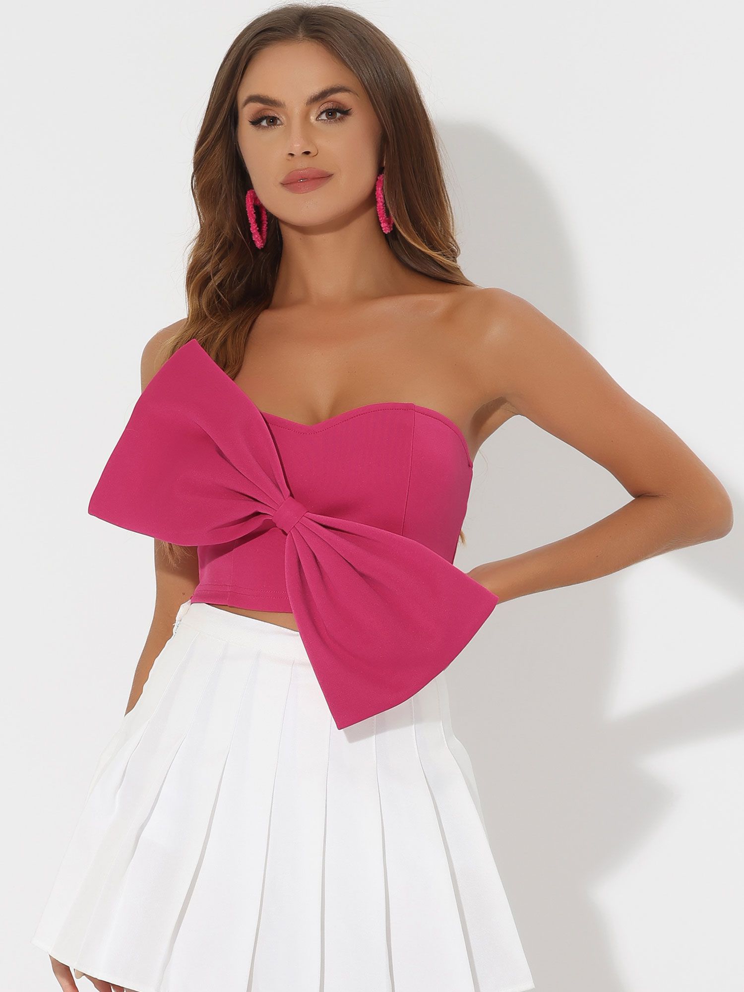 Bow Crop Strapless Sweetheart Neck Party Bustier Bandeau Top Hot Pink/XS