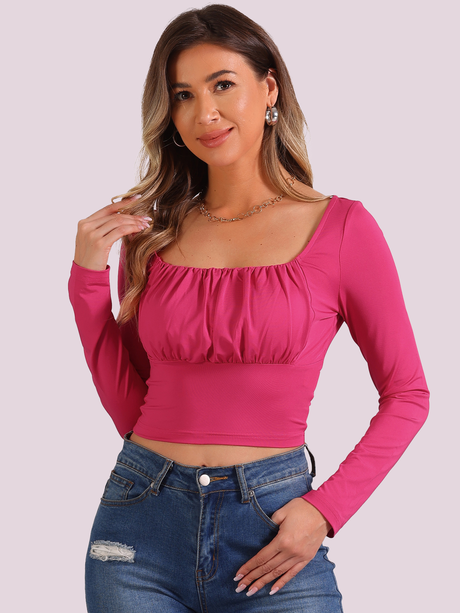 Ruched Long Sleeve Solid Fitted Cropped Blouse Hot Pink/S