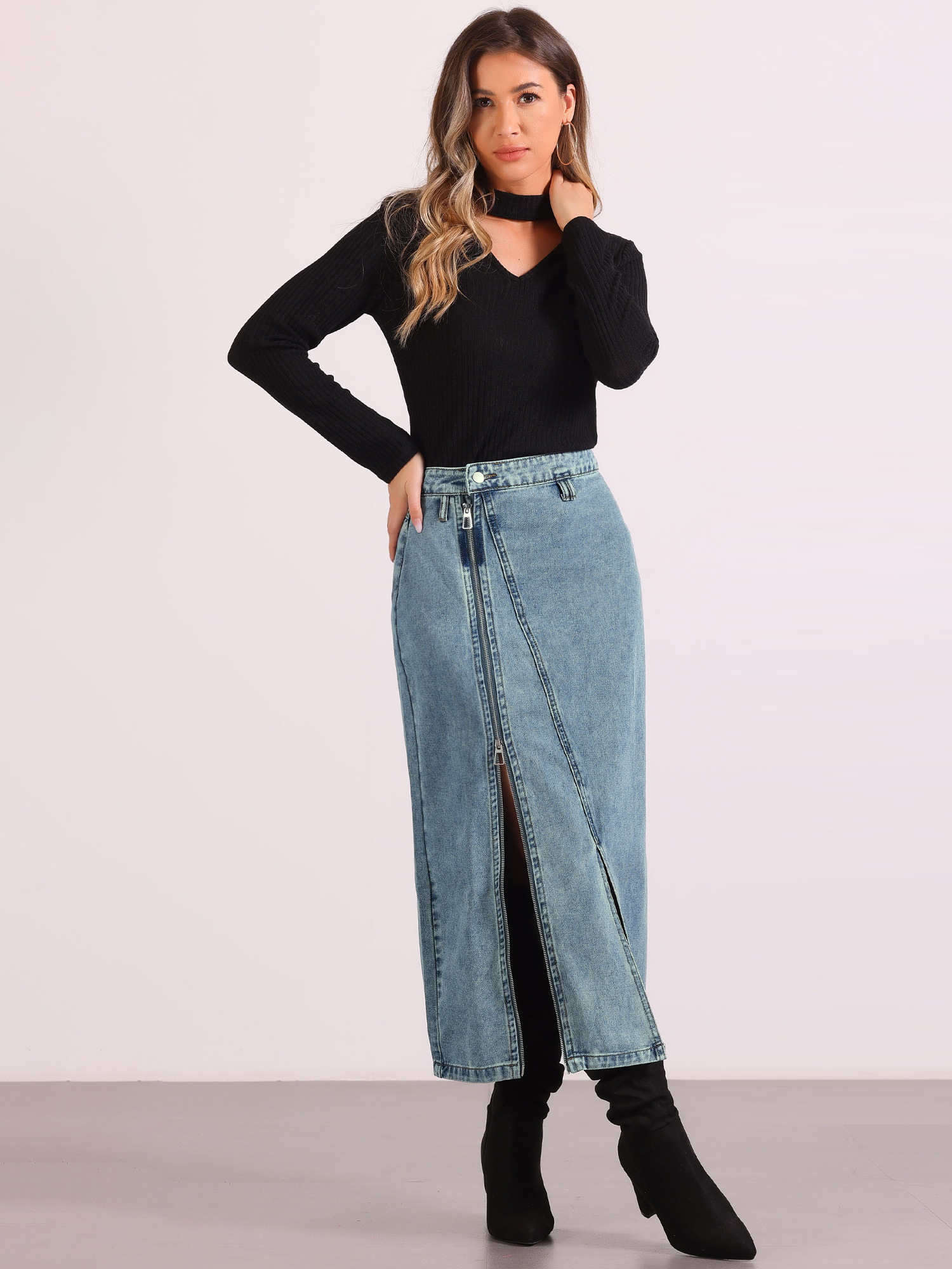Pocketed Denim Zipper Front Split Maxi Jean Skirt Blue/L