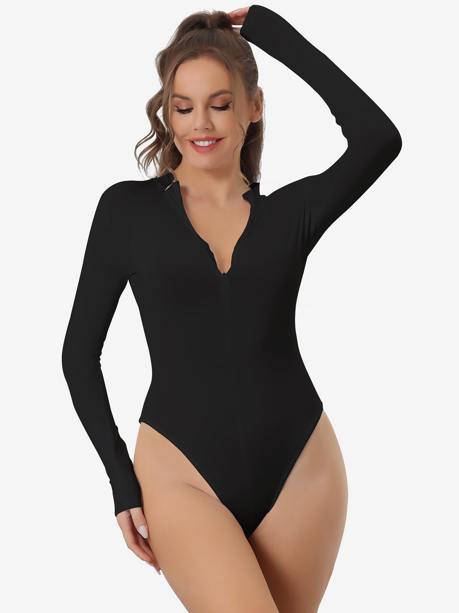 Casual Long Sleeve Solid Zip Front Bodysuit Black/M