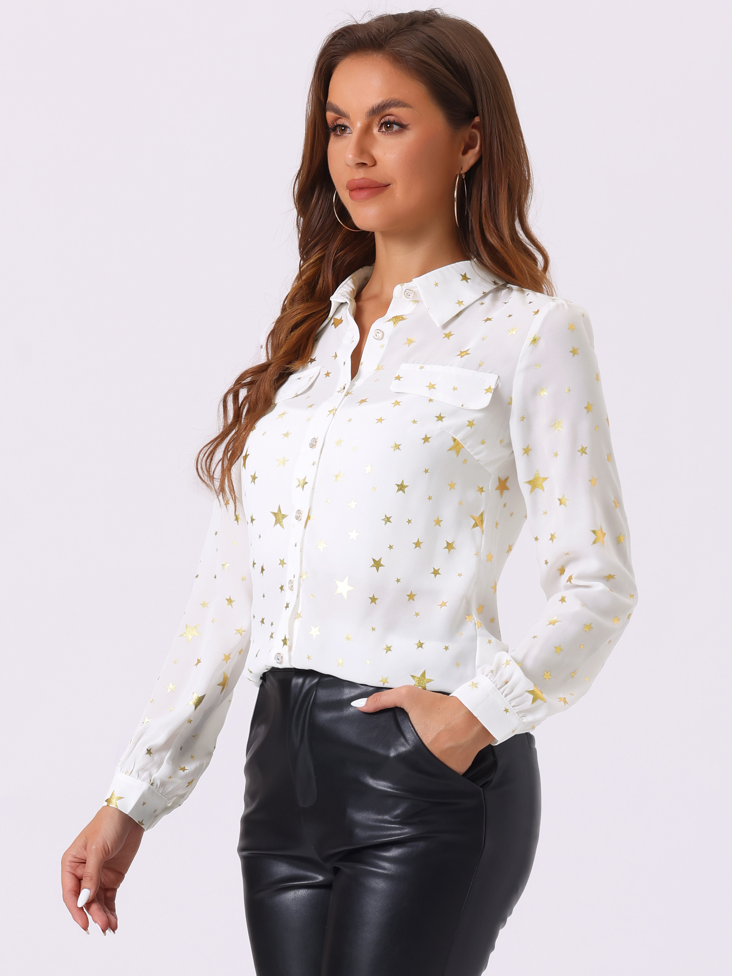 Vintage Shirt Metallic Stars Gilding Shiny Long Sleeve Blouse White/L