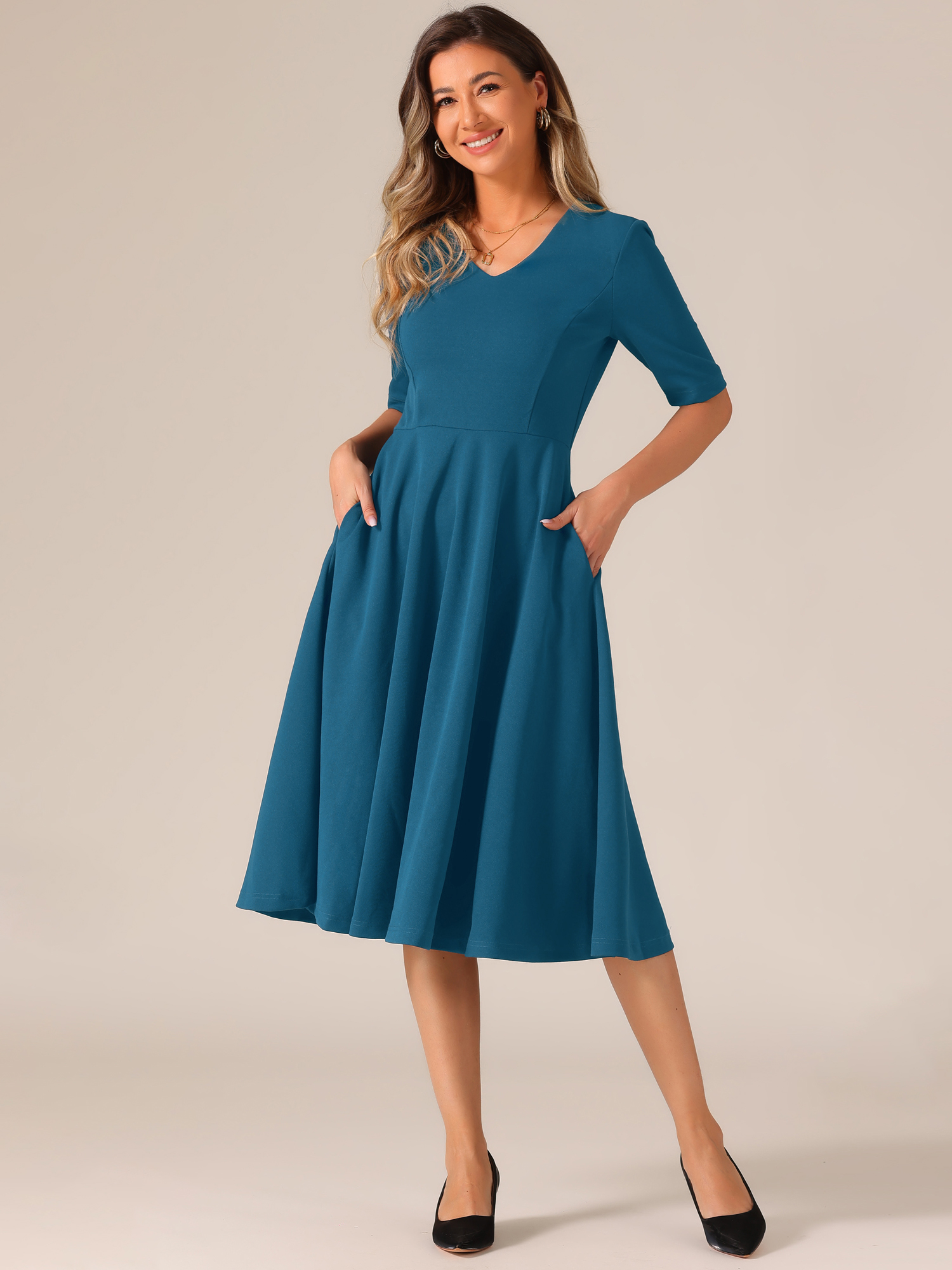 Solid Color V Neck Half Sleeve Pocketed Swing Midi Dress Lake Blue/M