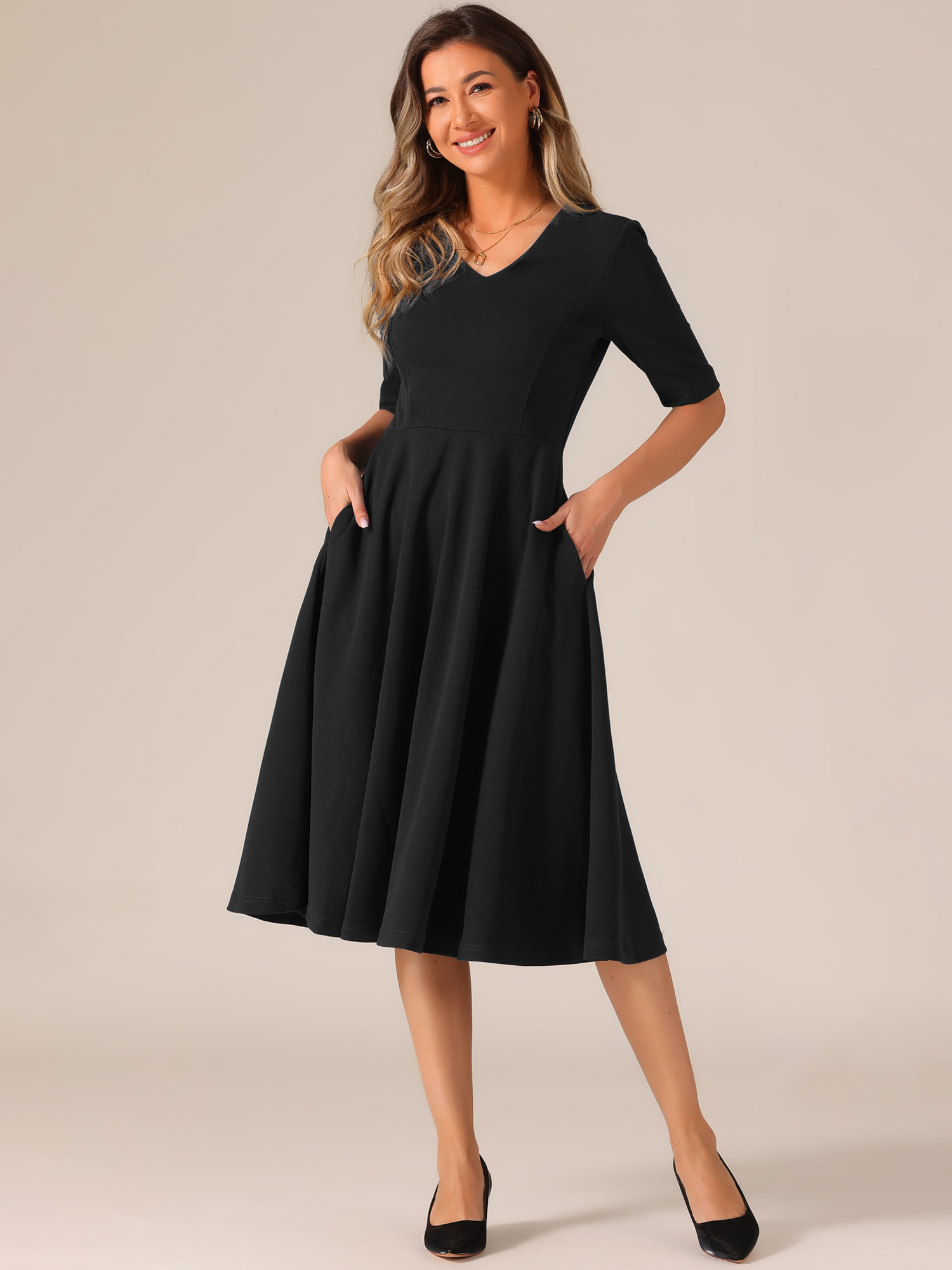 Solid Color V Neck Half Sleeve Pocketed Swing Midi Dress Black/L