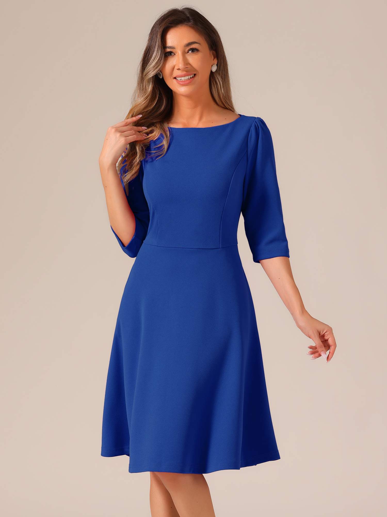 Boat Neck 3/4 Sleeves Midi Flared Office Dress Royal Blue/M