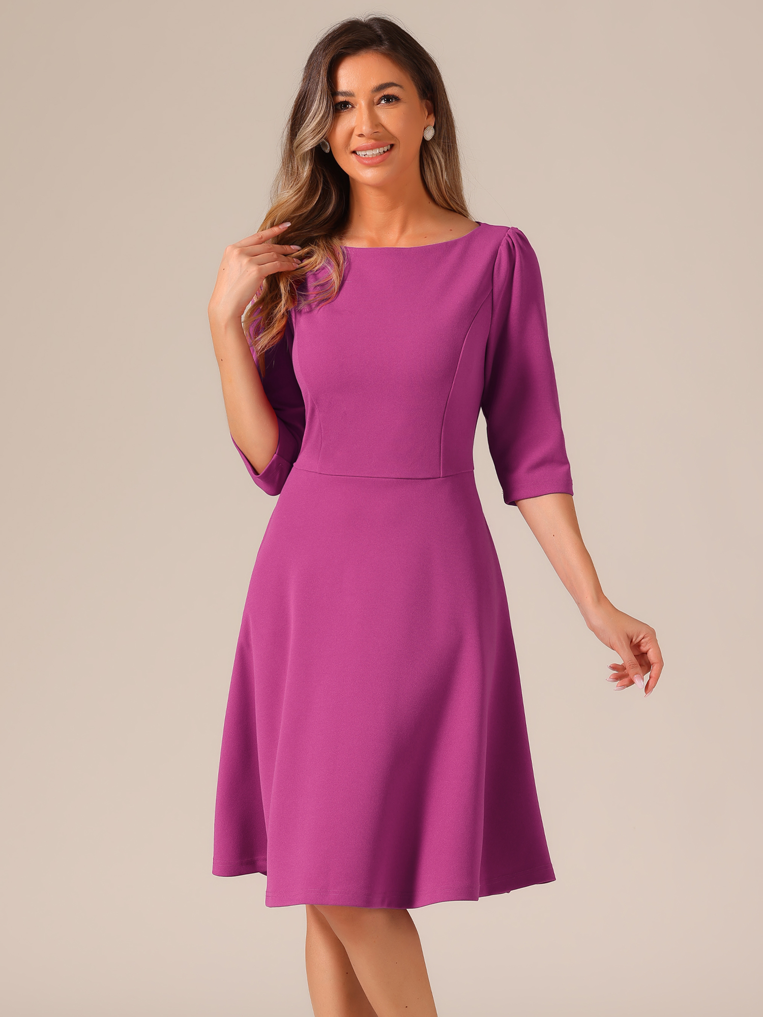 Boat Neck 3/4 Sleeves Midi Flared Office Dress Purple/XS