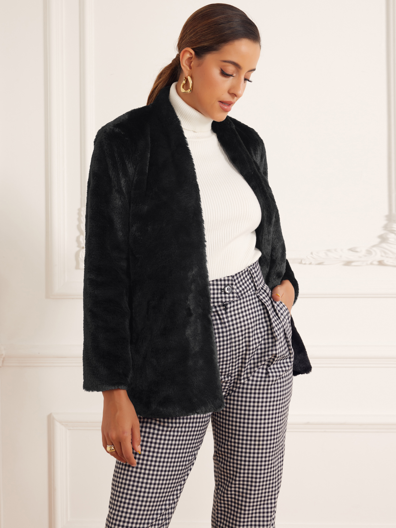 Faux Fur Pocketed Long Sleeve Open Front Fluffy Jackets Black/XL