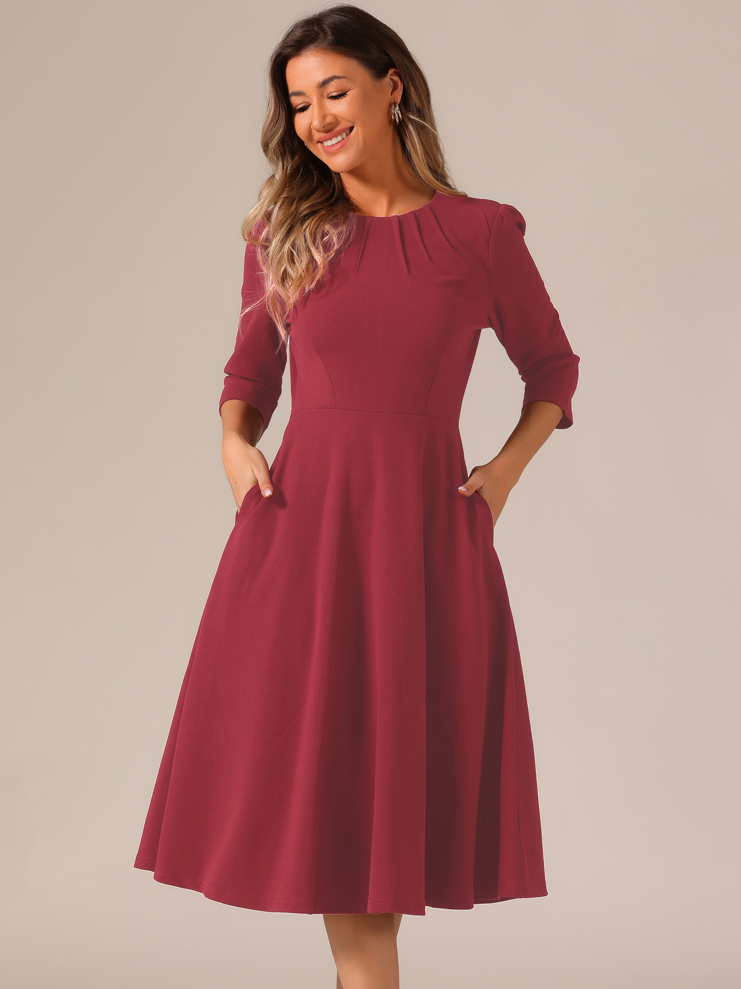 3/4 Sleeve Pleated Round Neck Pocketed A-Line Swing Midi Dress Dark Red/XS