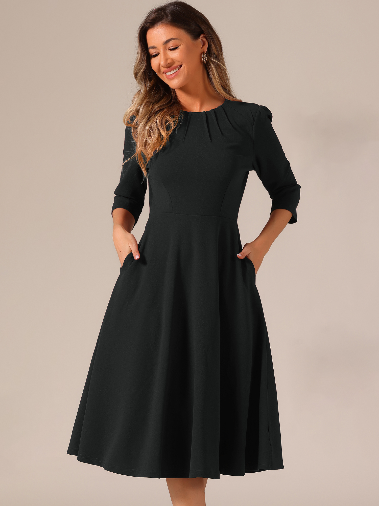 3/4 Sleeve Pleated Round Neck Pocketed A-Line Swing Midi Dress Black/L