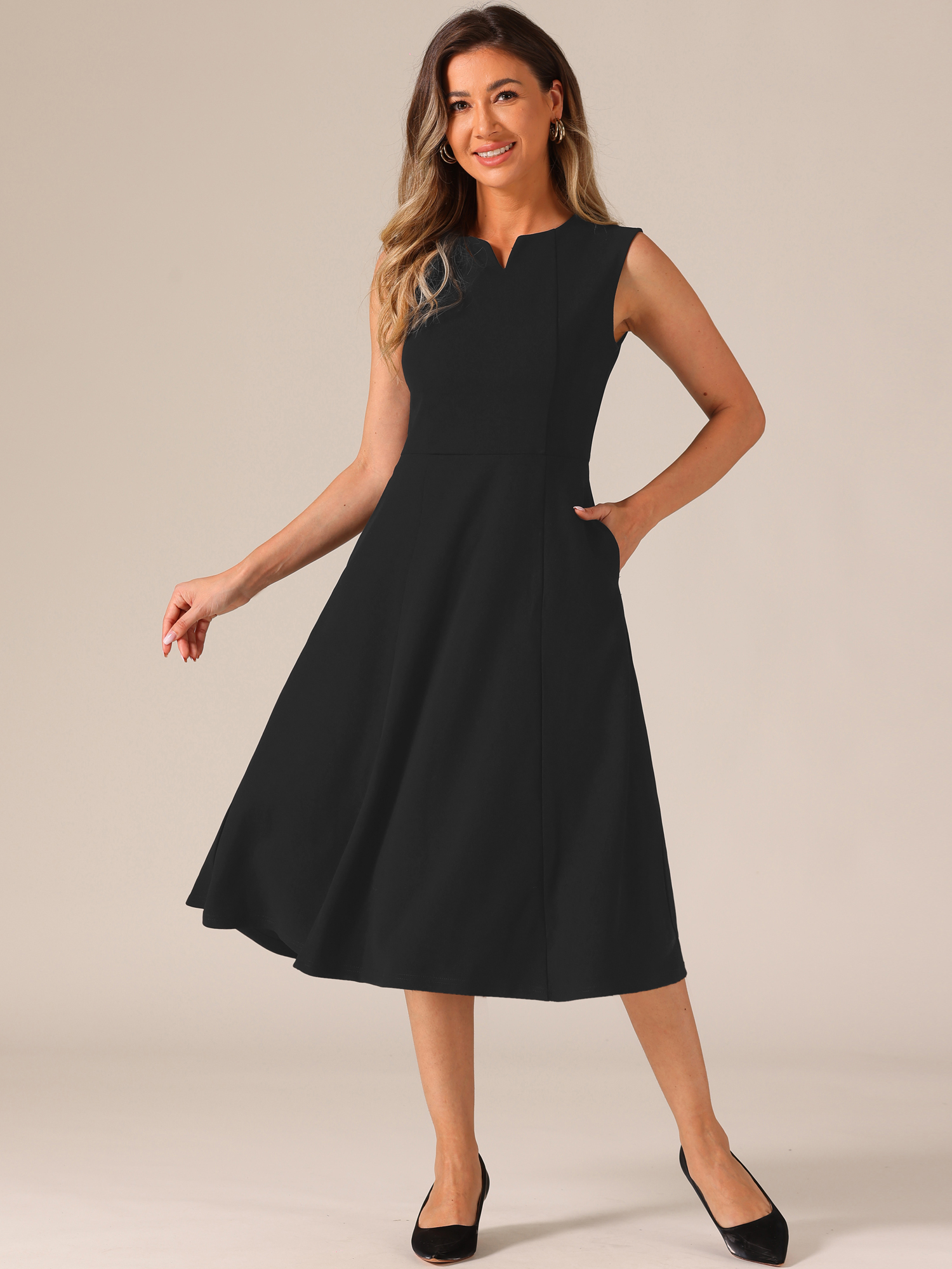 Notch Neck Pocketed Work Office A-Line Midi Dress Black/M