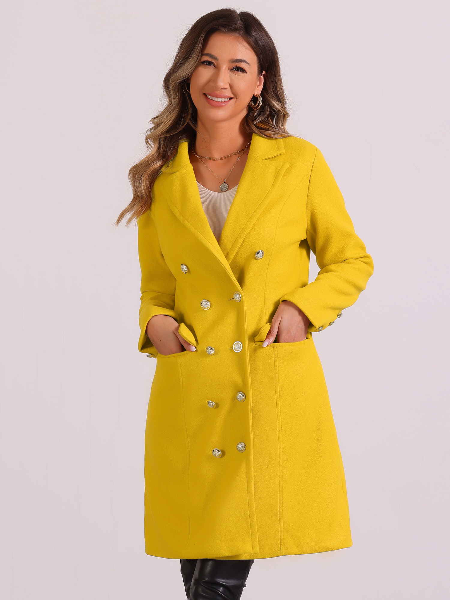 Notched Lapel Double Breasted Mid Long Winter Pea Coat Yellow/M