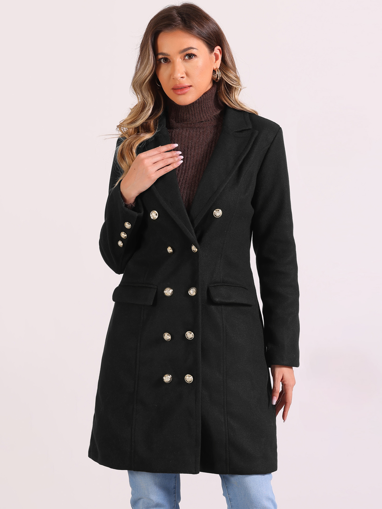 Notched Lapel Double Breasted Mid Long Winter Pea Coat Black/M