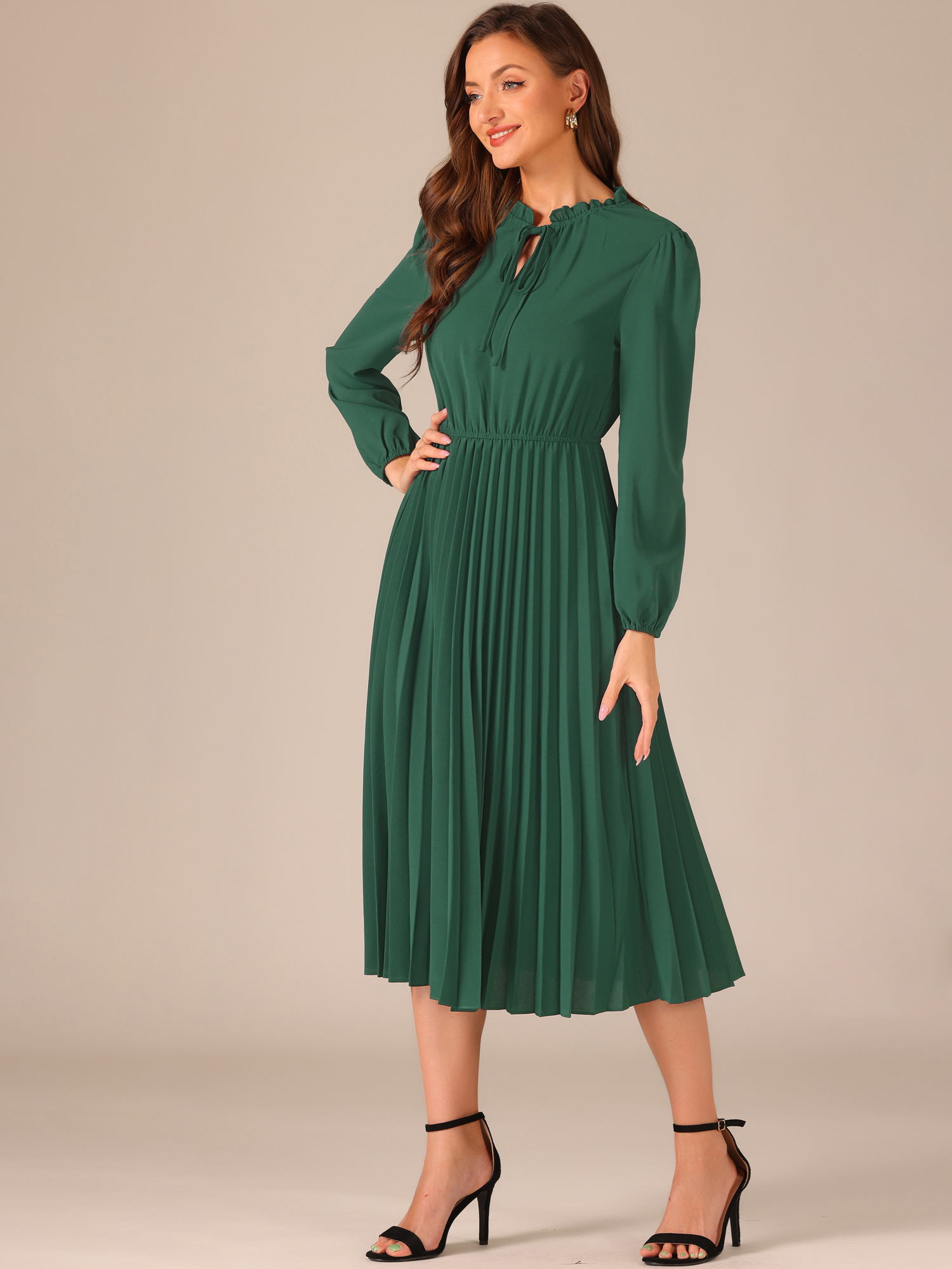 A-Line Flowy Long Sleeve Tie V Neck Pleated Midi Dress Dark Green/S