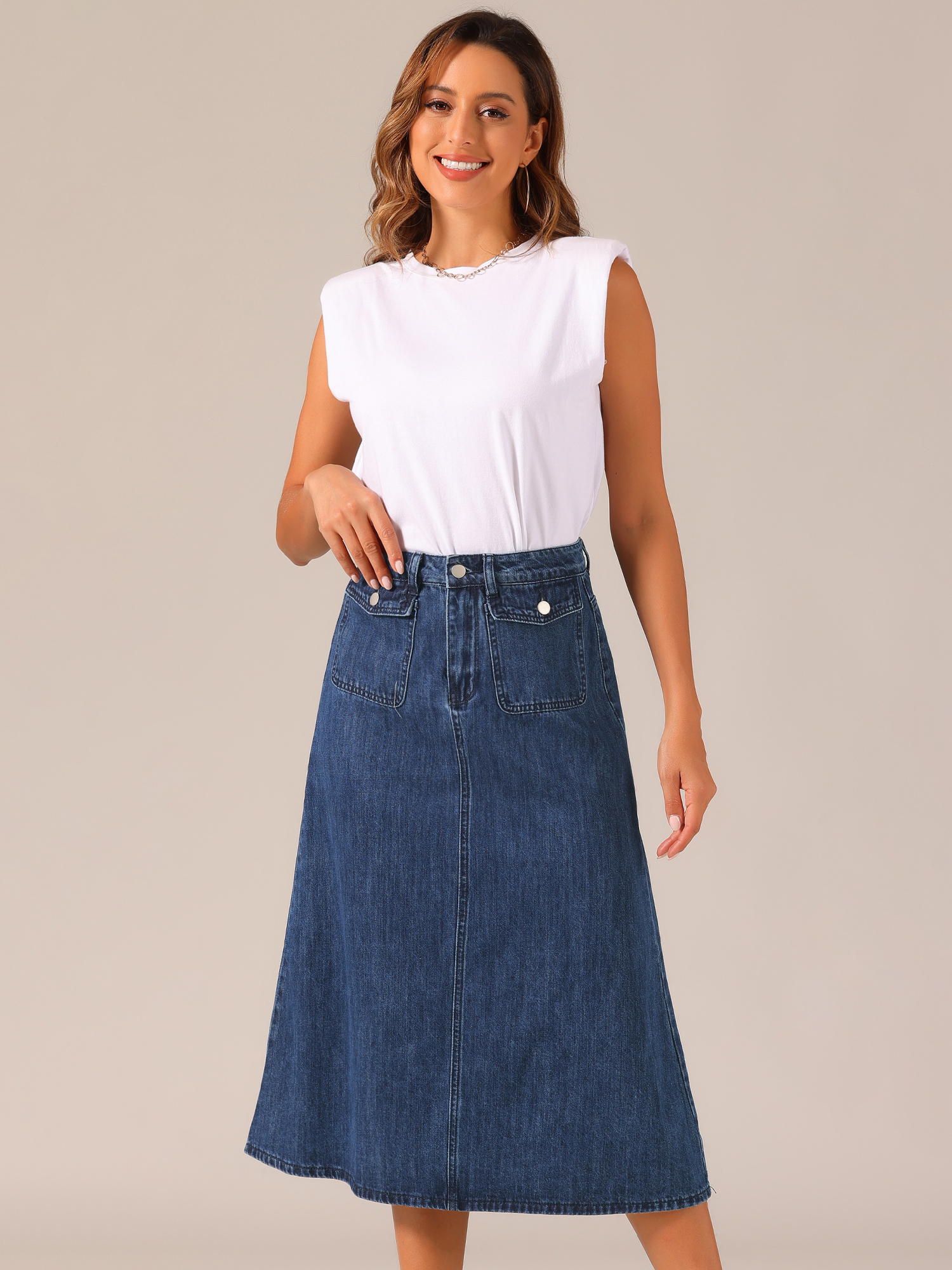 Casual High Waisted Flap Pocket A-Line Long Denim Jean Skirt Dark Blue/S