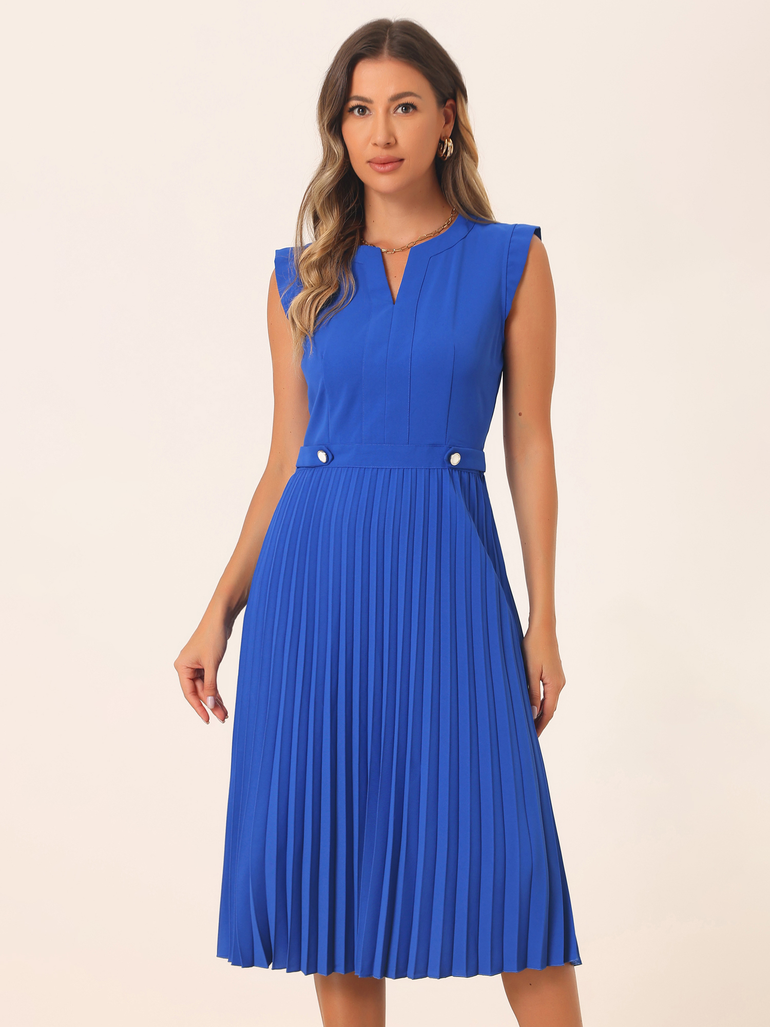 Sleeveless Dress Casual V Neck Button Pleated Midi Dress Royal Blue/S