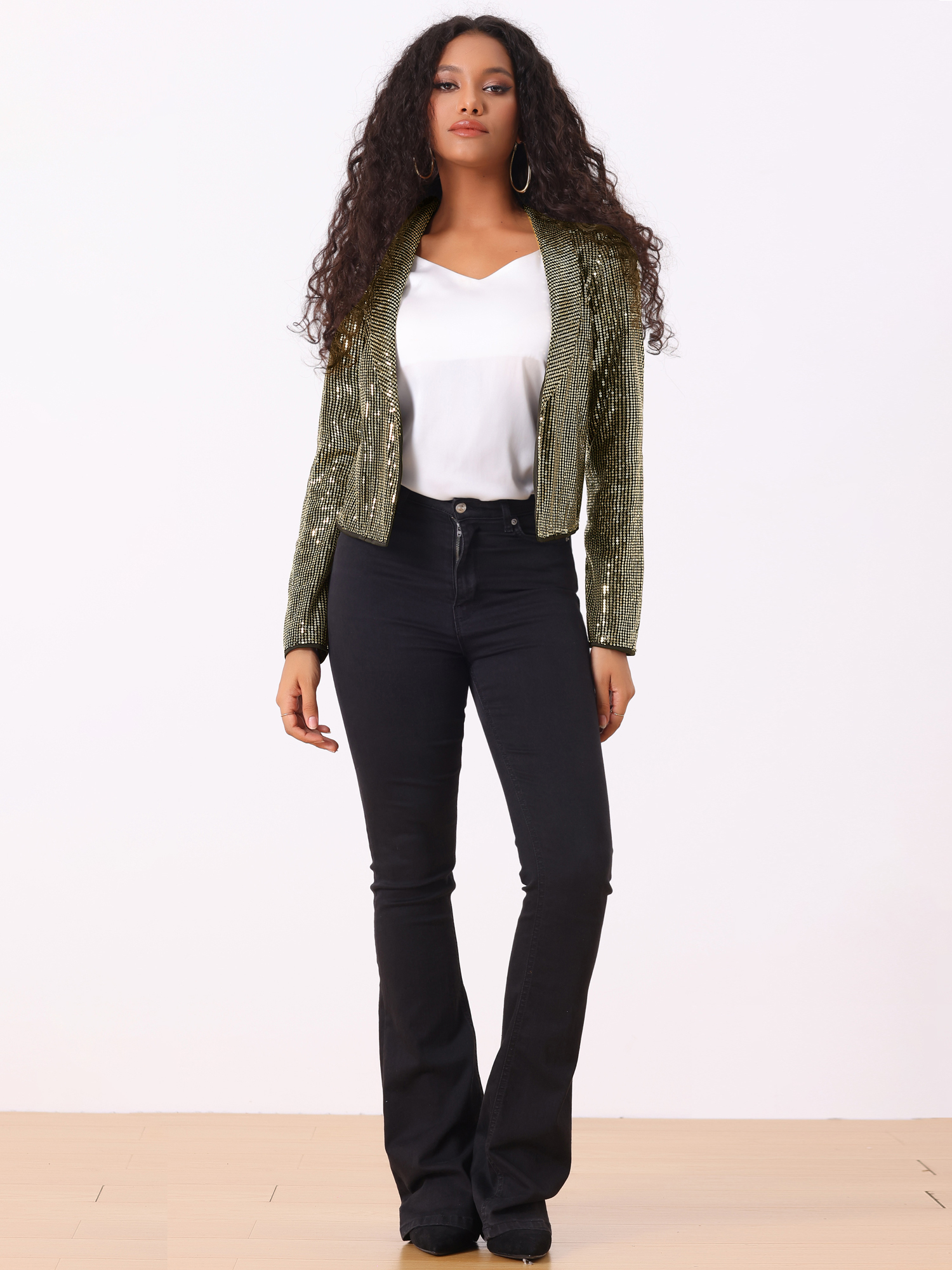 Sparkly Sequin Open Front Shawl Collar Cropped Jacket Black Gold/M
