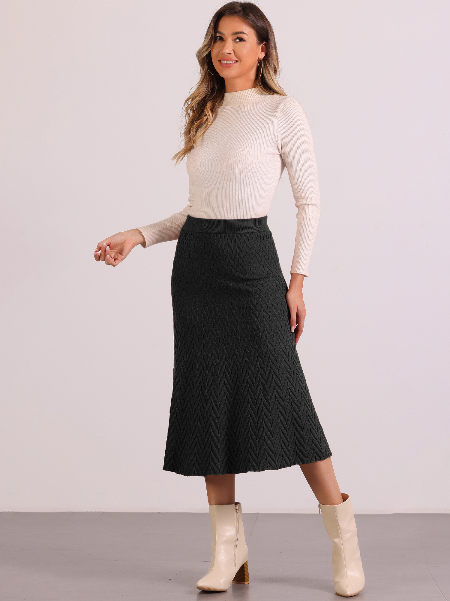 Stretchy Textured Knit Midi Fishtail Sweater Skirt Black/M