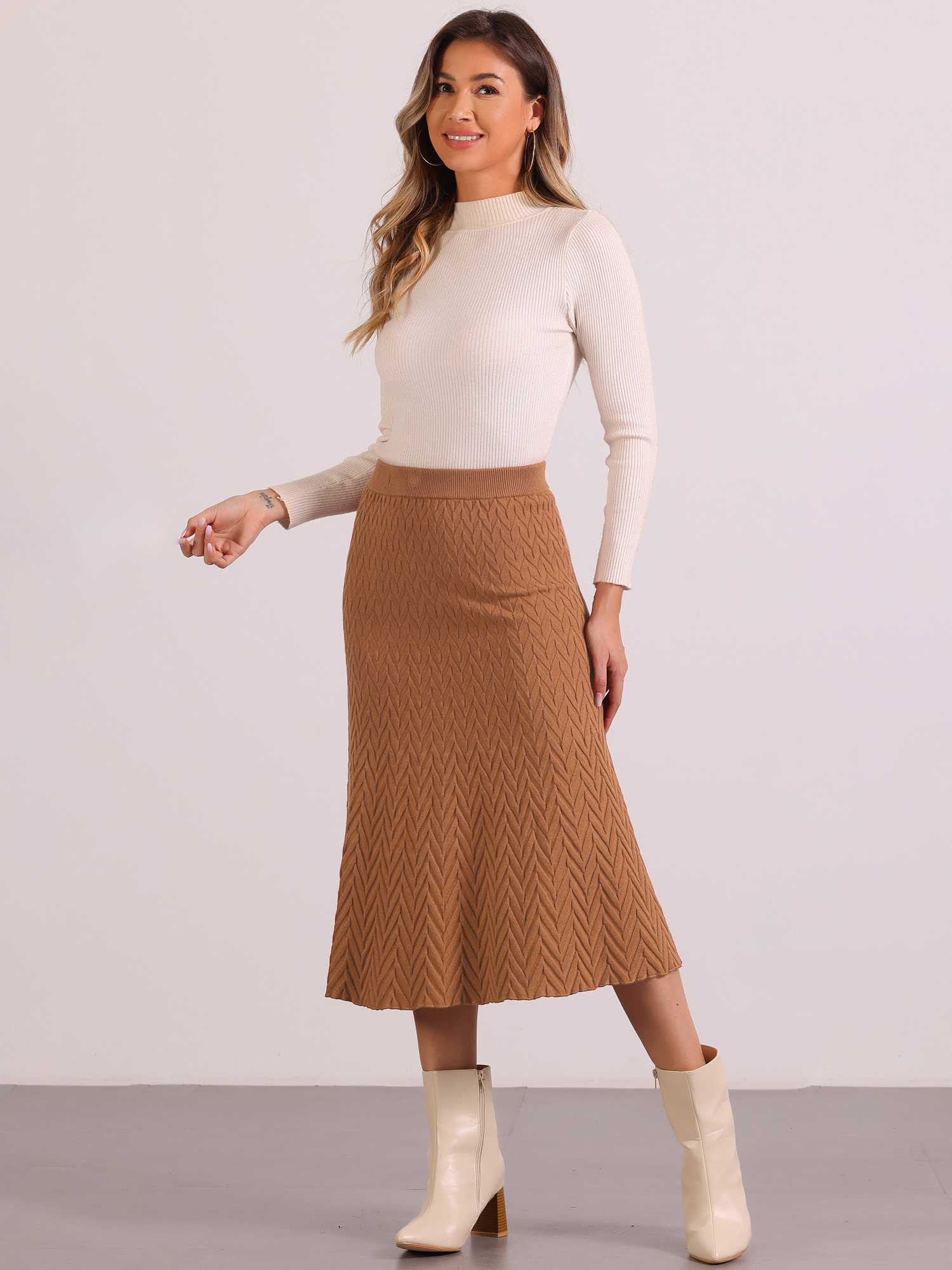 Stretchy Textured Knit Midi Fishtail Sweater Skirt Camel/XL