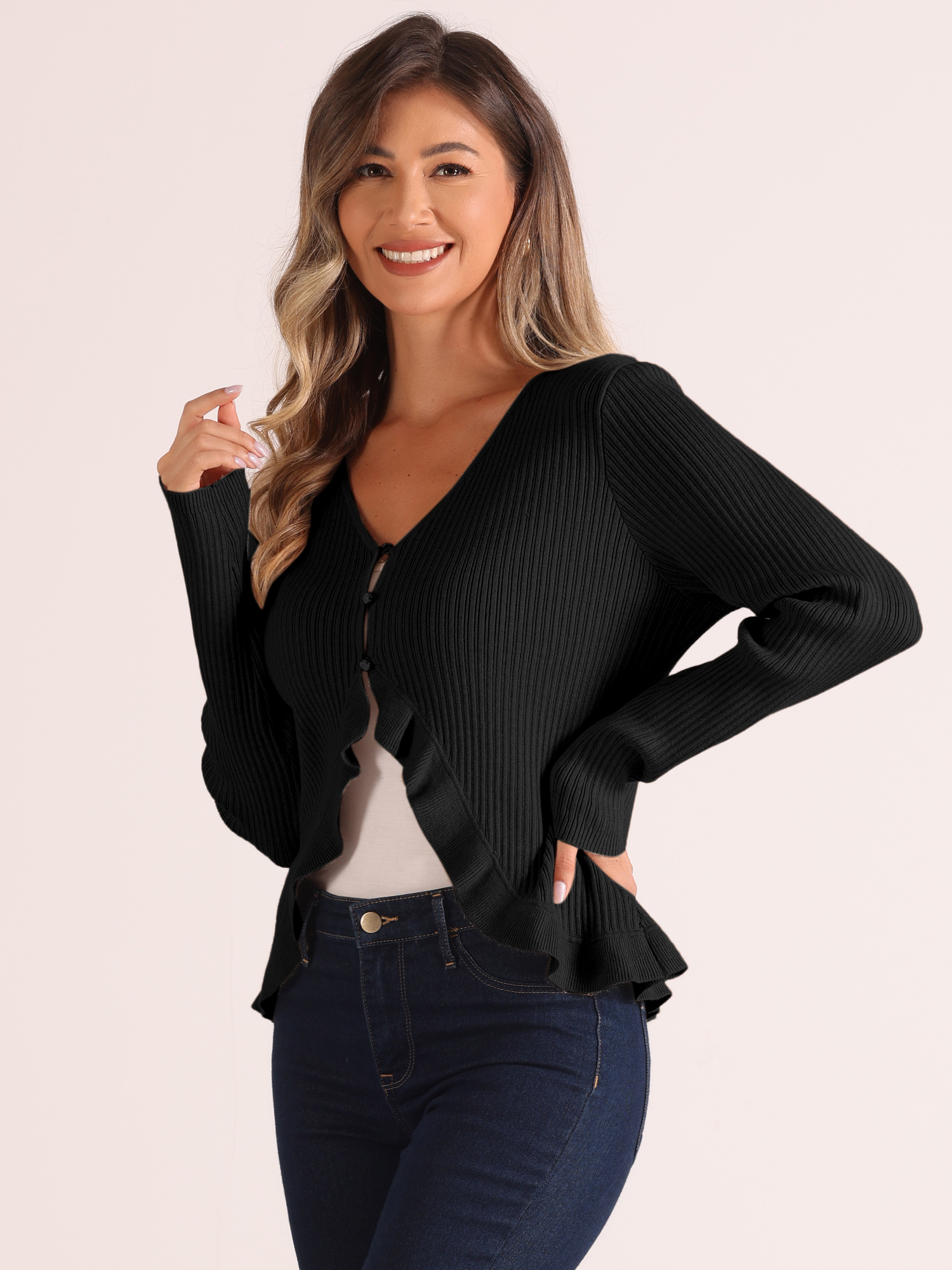 Long Sleeve Buttons Stretchy Ruffle V Neck Knit Tops Black/M