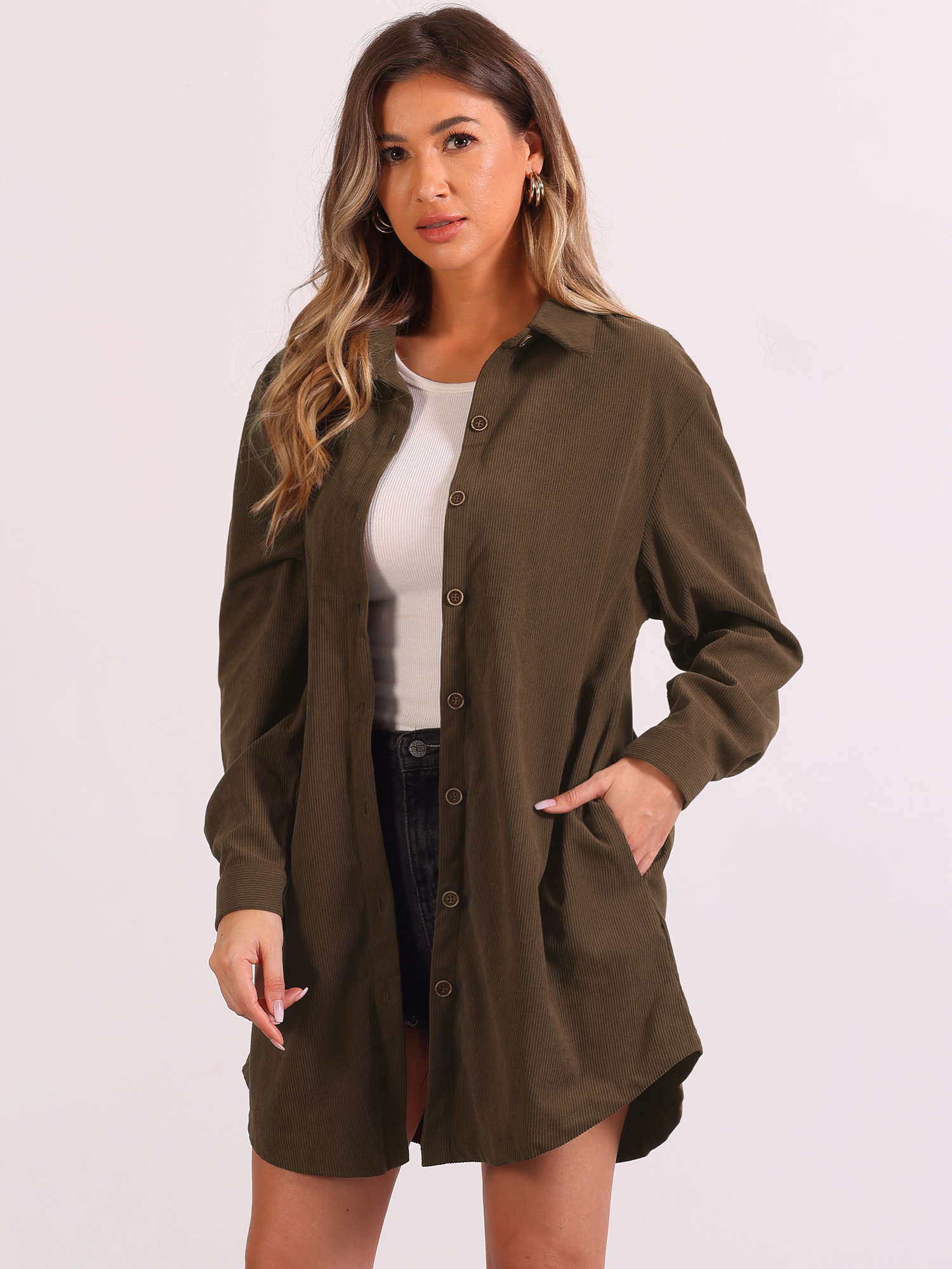 Corduroy Button Up Long Sleeves Oversized Casual Shirt Brown/S