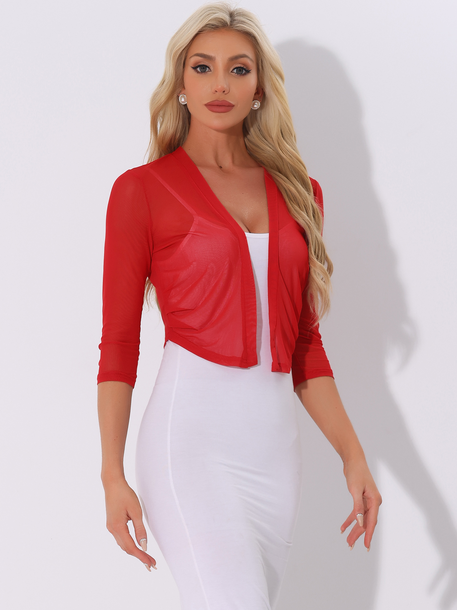 Chiffon 3/4 Sleeve Open Front Bolero Mesh Sheer Shrug Red/XL