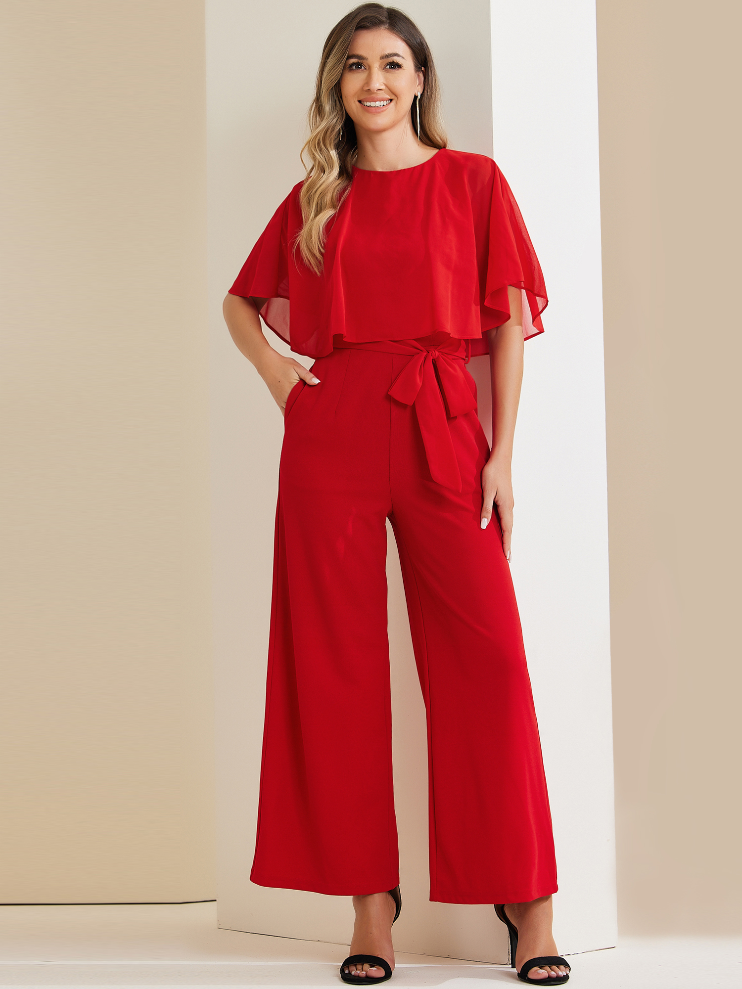 Cape Sleeve Belted Wide Leg Pants Casual Jumpsuit Red/S