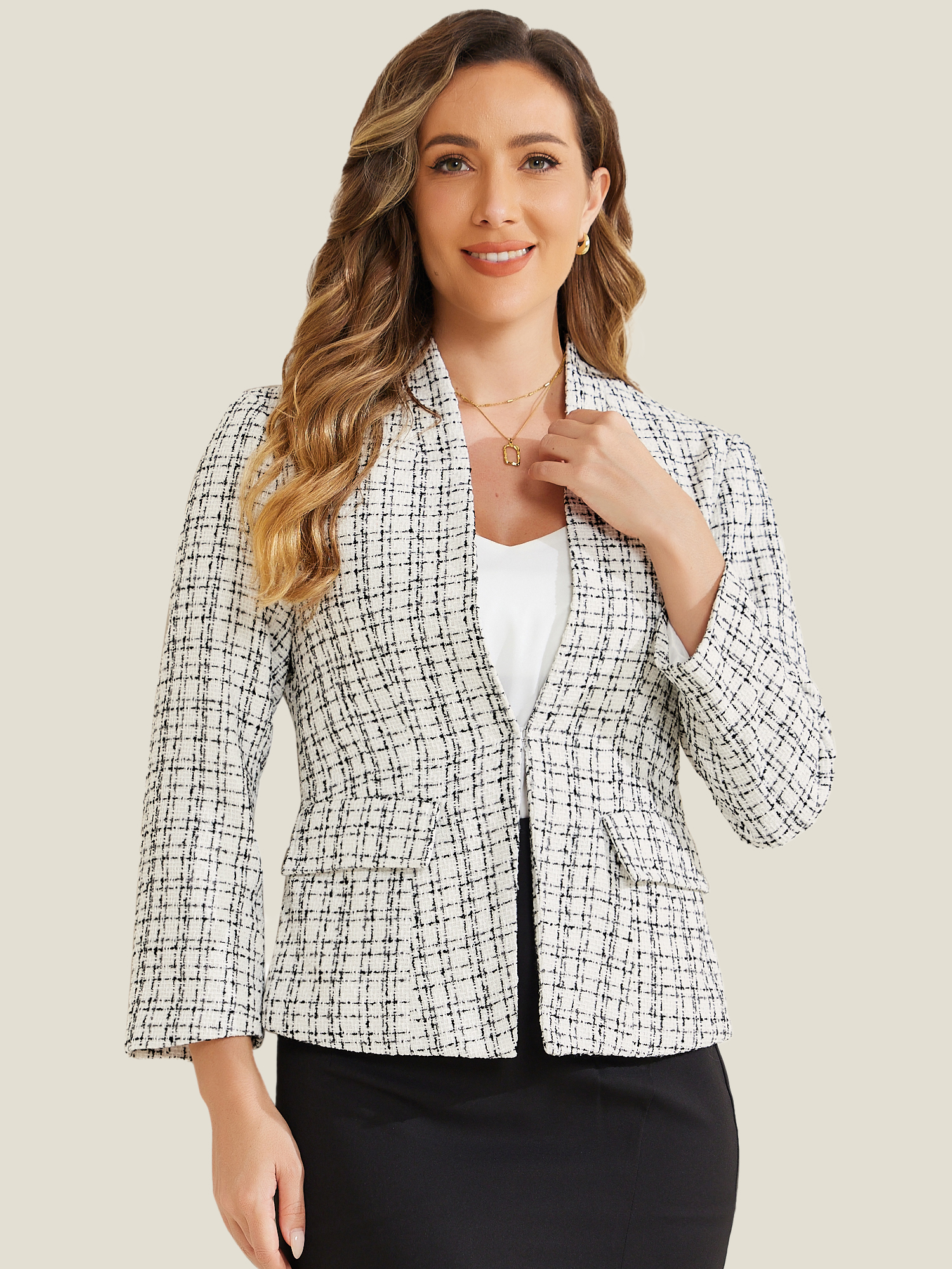 Long Sleeve Open Front Work Office Jackets Plaid Tweed Blazer White/M