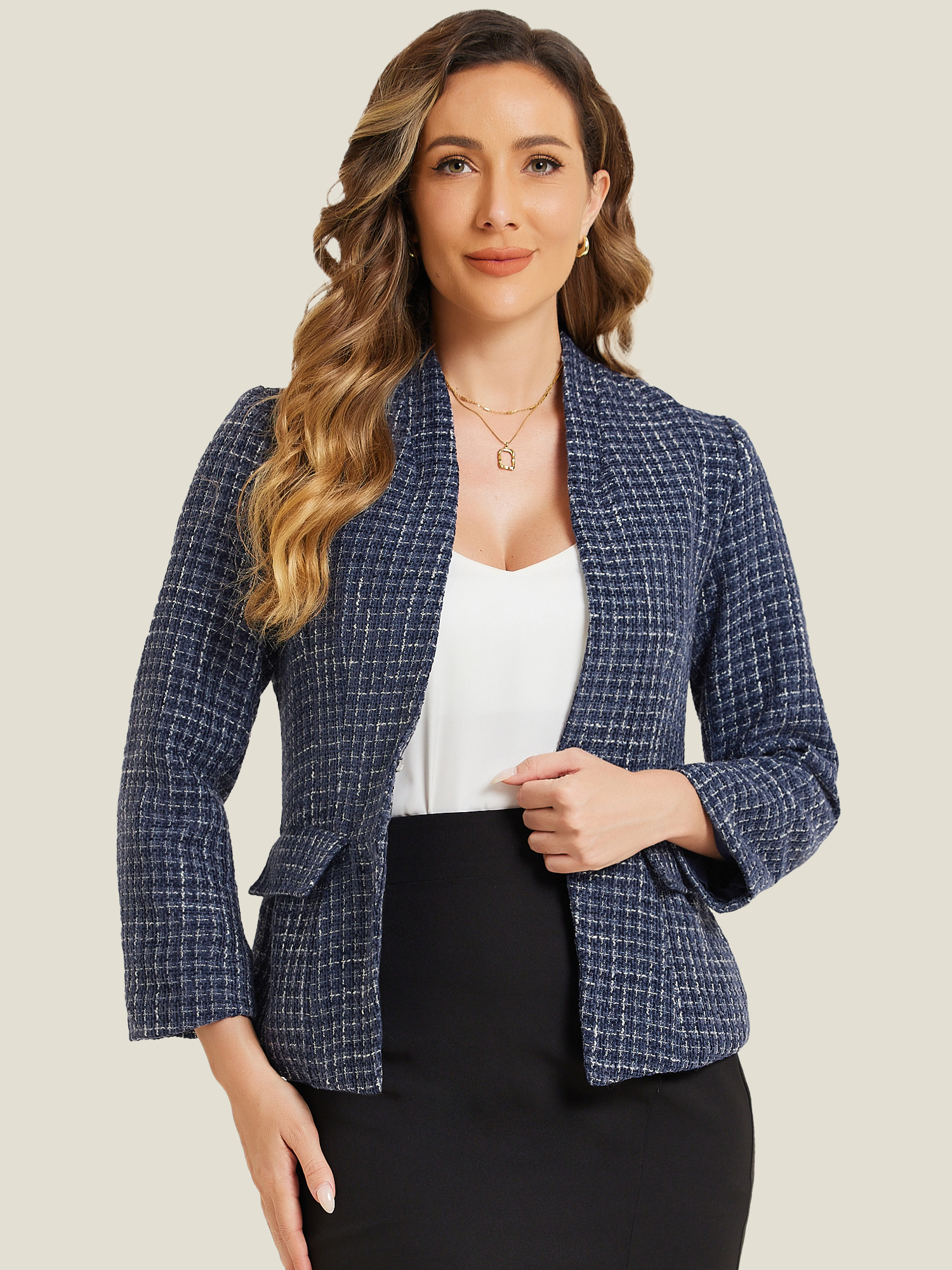 Long Sleeve Open Front Work Office Jackets Plaid Tweed Blazer Dark Blue/XS