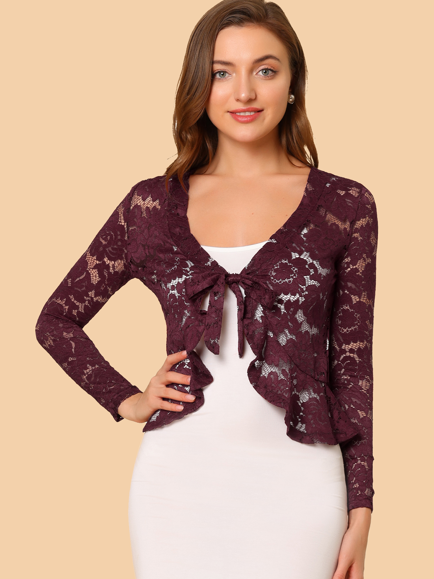 Floral Lace Tie Front Ruffled Hem Sheer Crop Bolero Shrug Burgundy/2XL