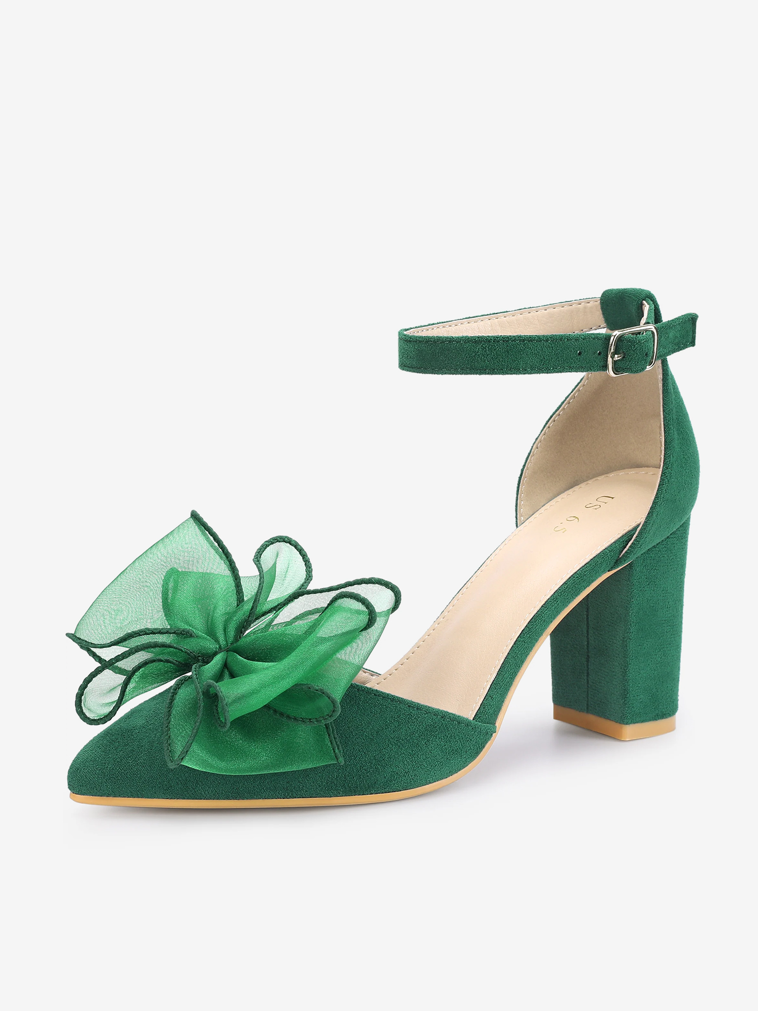 Women's Bow Knot Pointed Toe Block Heel Pumps Green/6.5