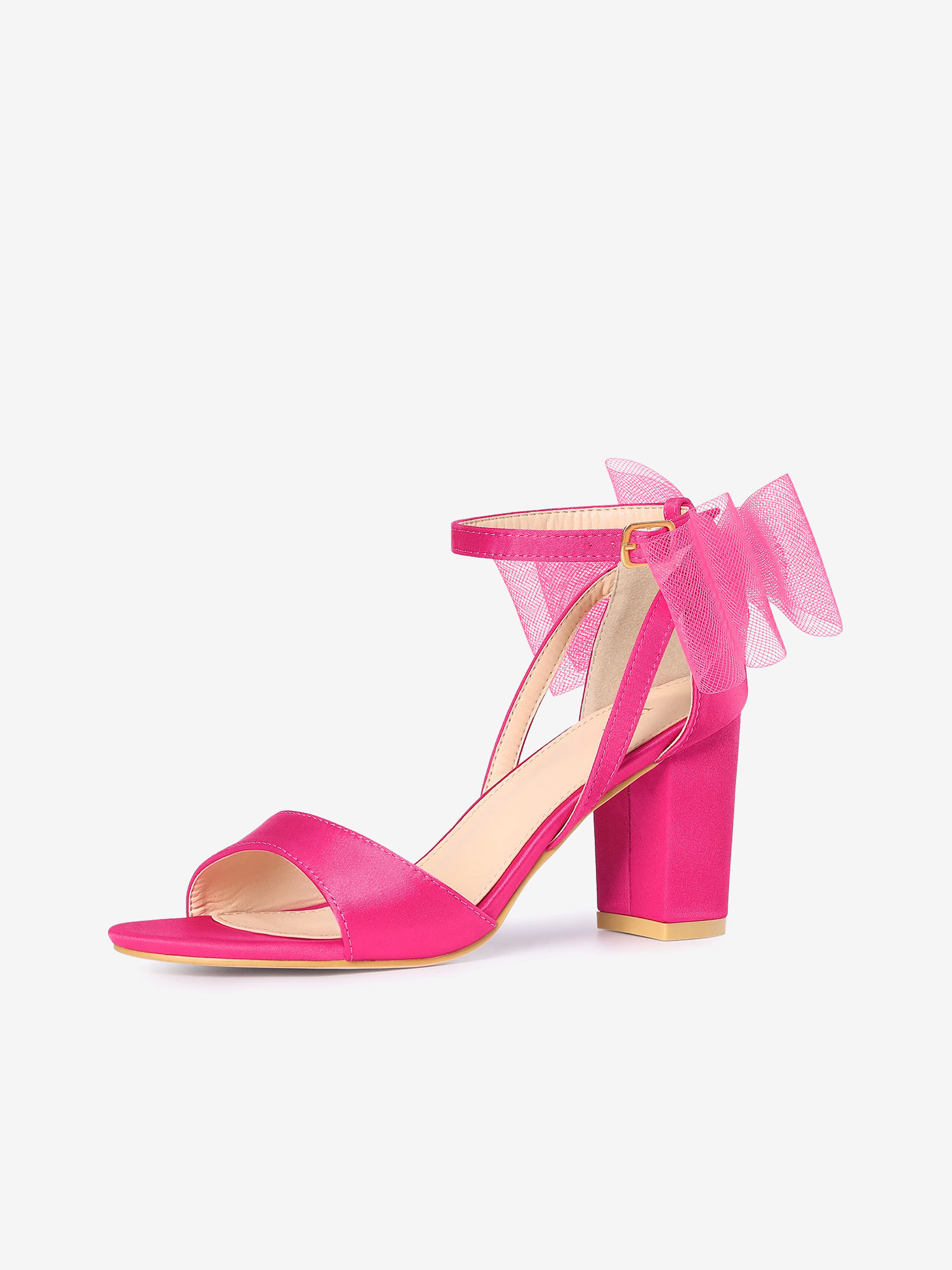 Women's Mesh Bow Ankle Strap Open Toe Chunky Heel Sandals Hot Pink/6.5