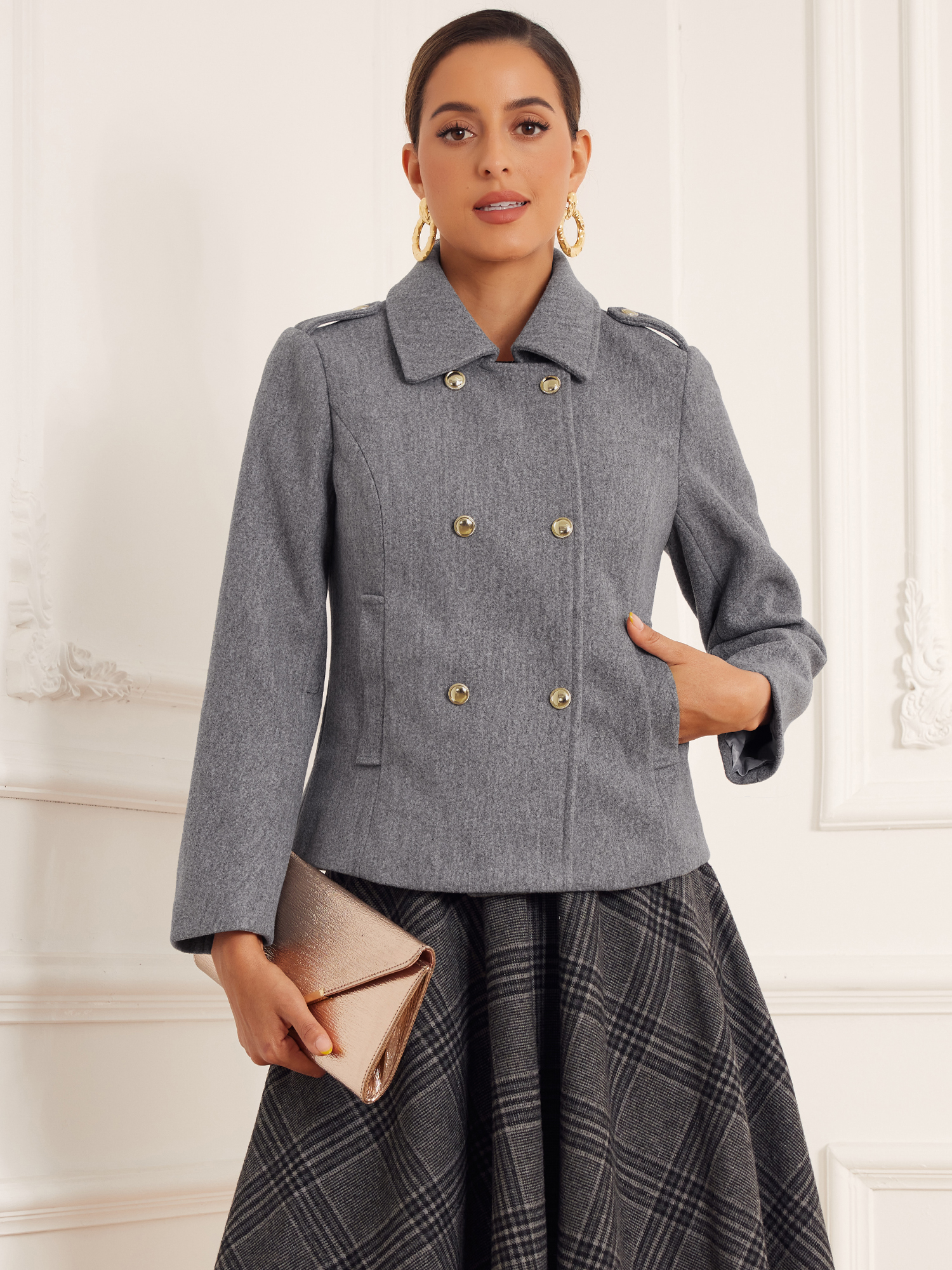 Lapel Pockets Double-breasted Long Sleeve Casual Pea Coat Gray/S