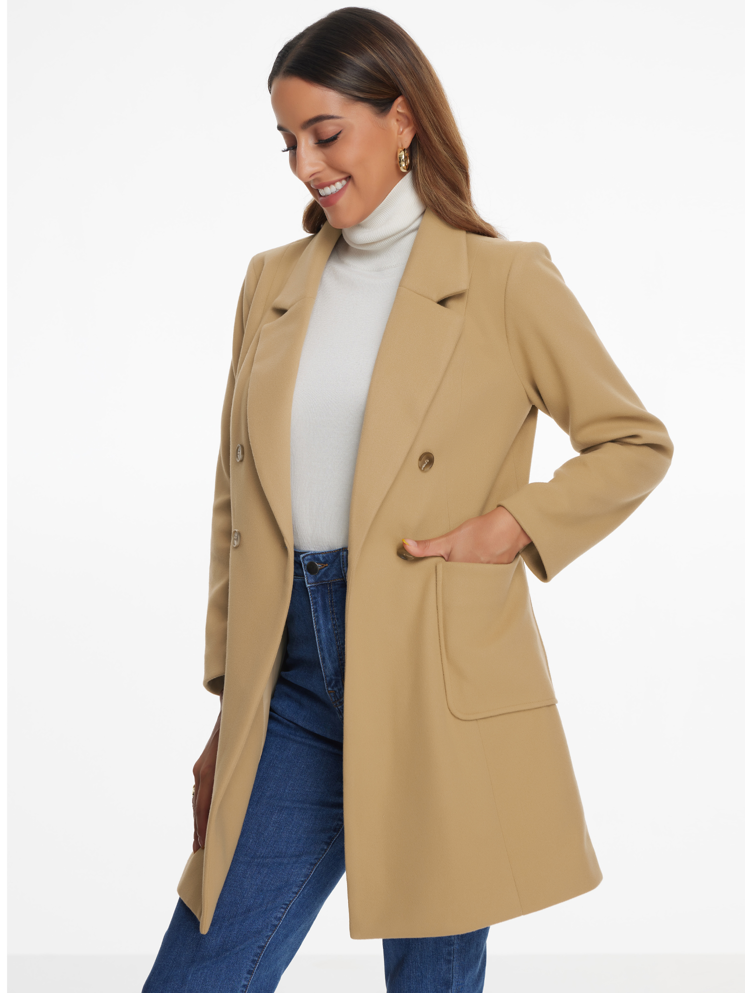 Notch Lapel Double Breasted Long Sleeves Winter Pea Coat Khaki/XS