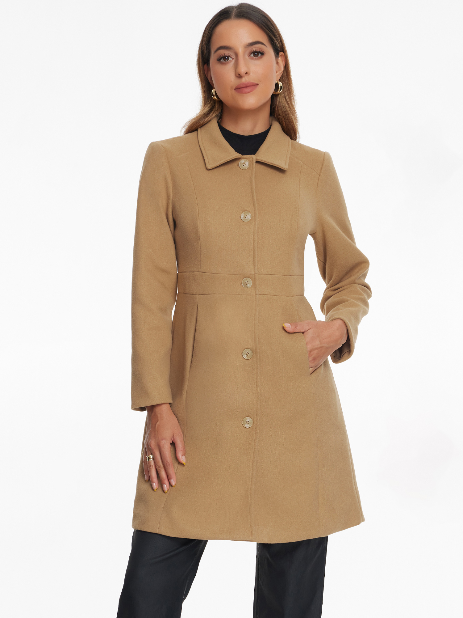 Lapel Button Down Single Breasted Long Sleeve Winter Pea Coat Khaki/L