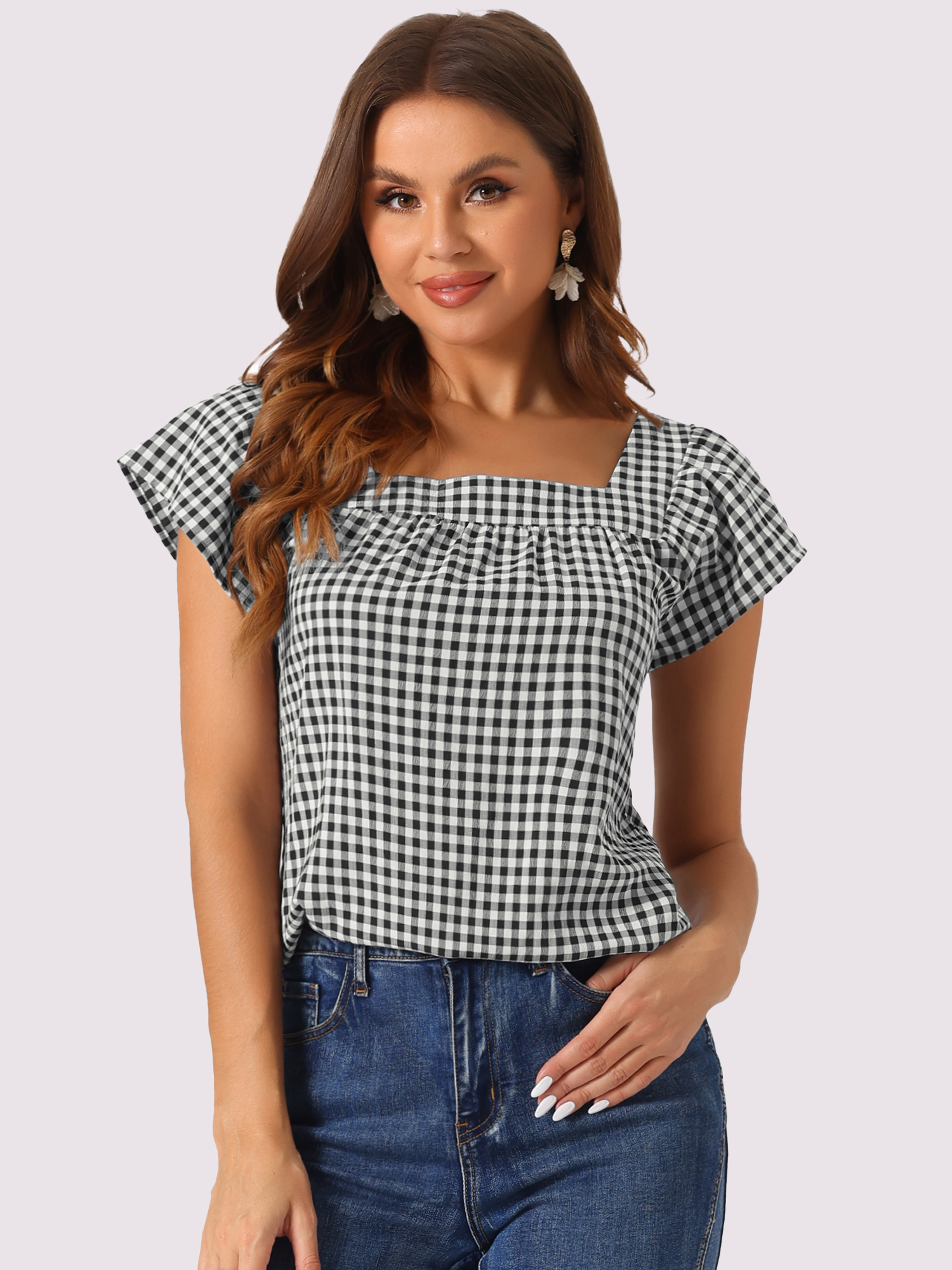 Square Neck Short Sleeves Gingham Plaid Blouse Black/XS