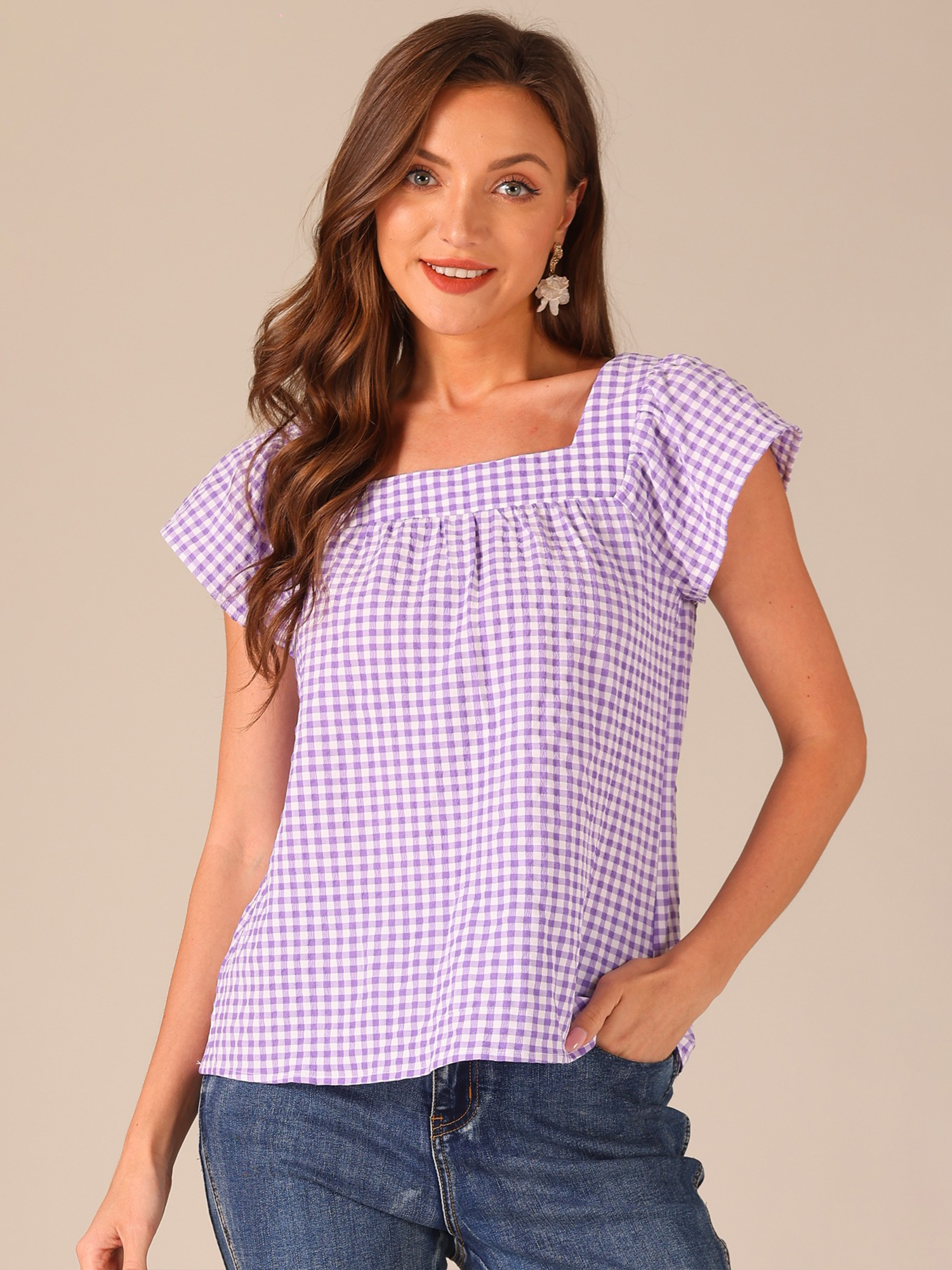 Square Neck Short Sleeves Gingham Plaid Blouse Purple/XS