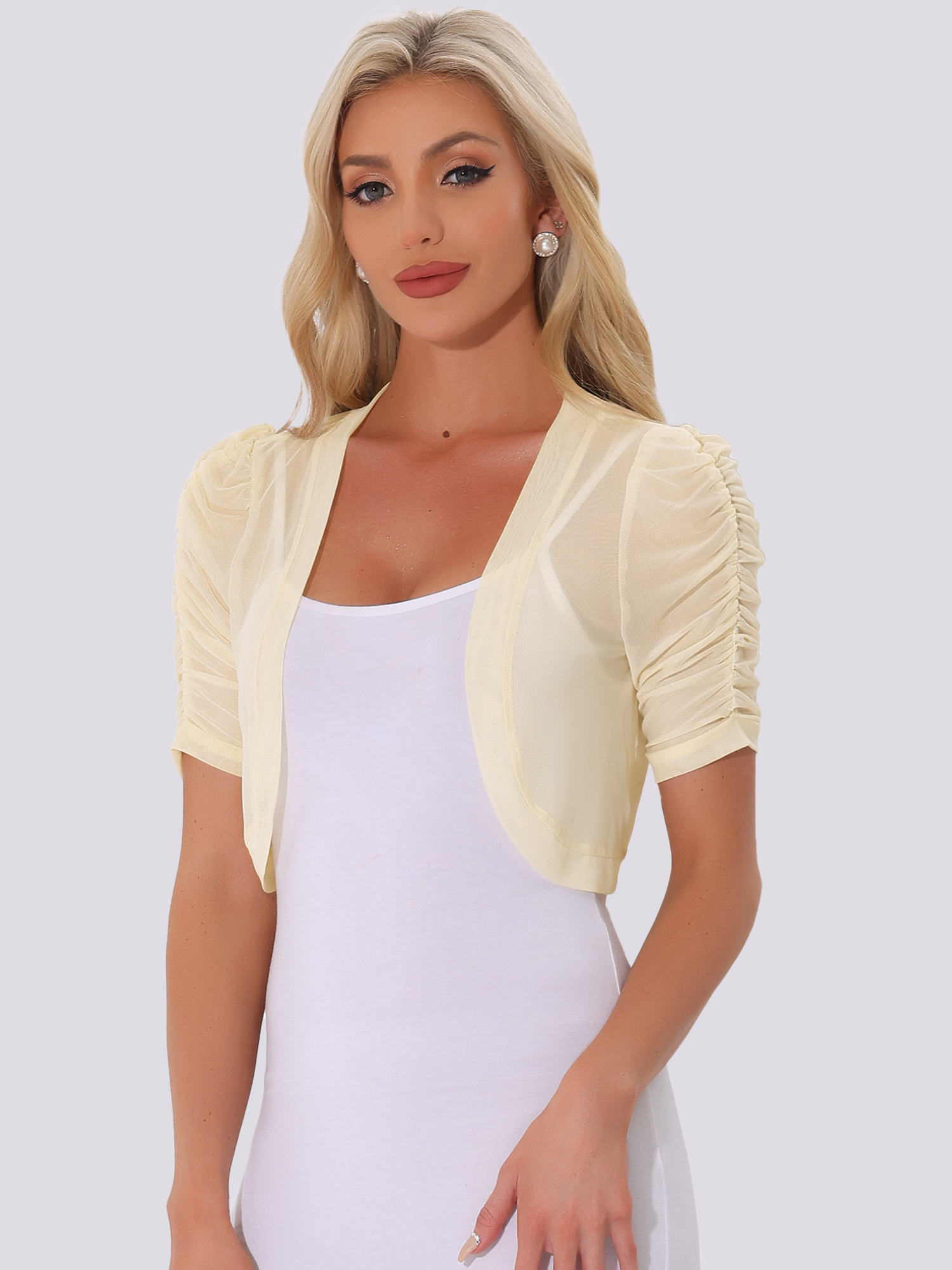 Short Sleeve Open Front Cropped Mesh Sheer Bolero Shrug Light Apricot/XL