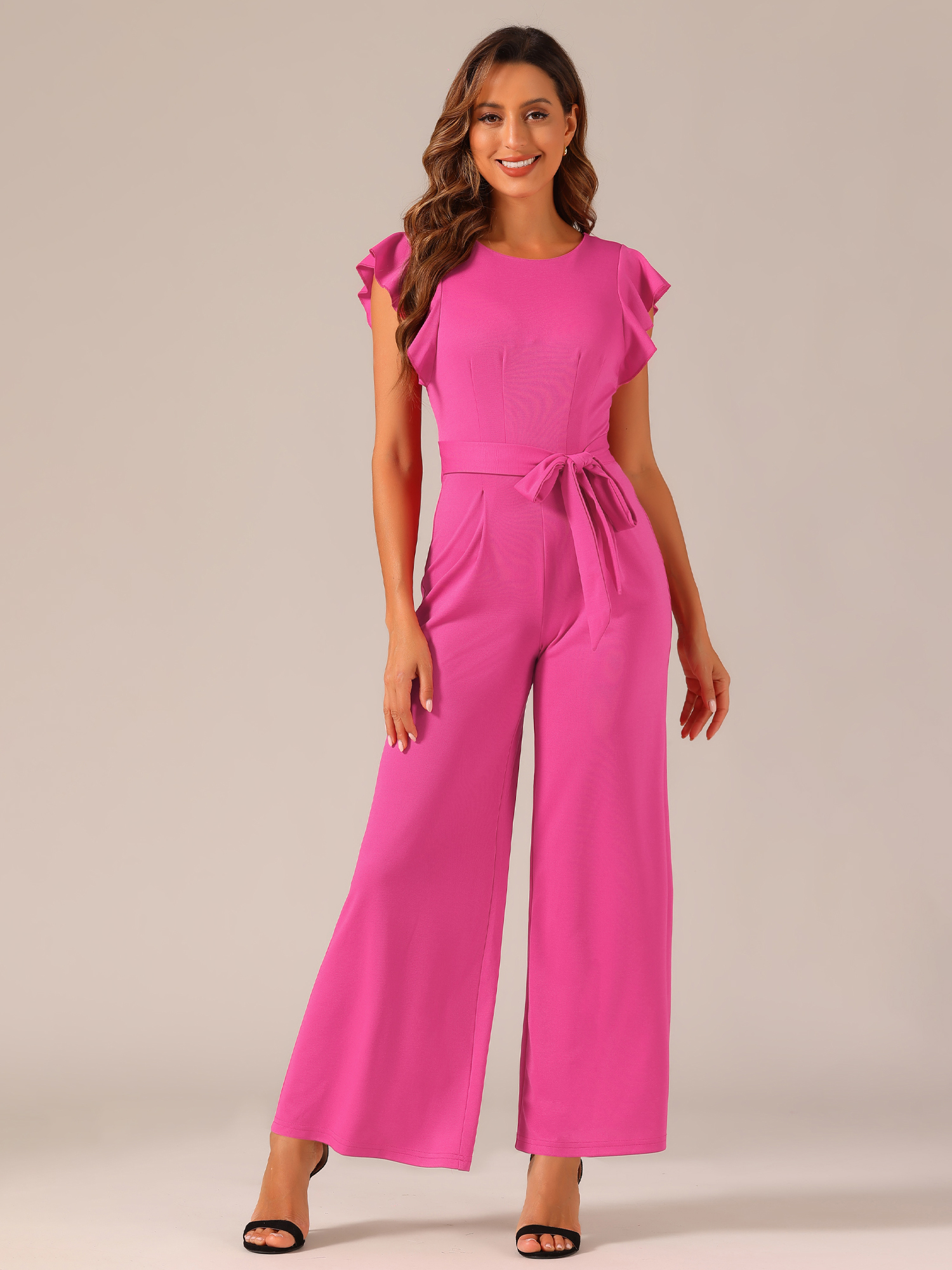 Ruffle Short Sleeves High Waist Wide Legs Belted Jumpsuits Hot Pink/L