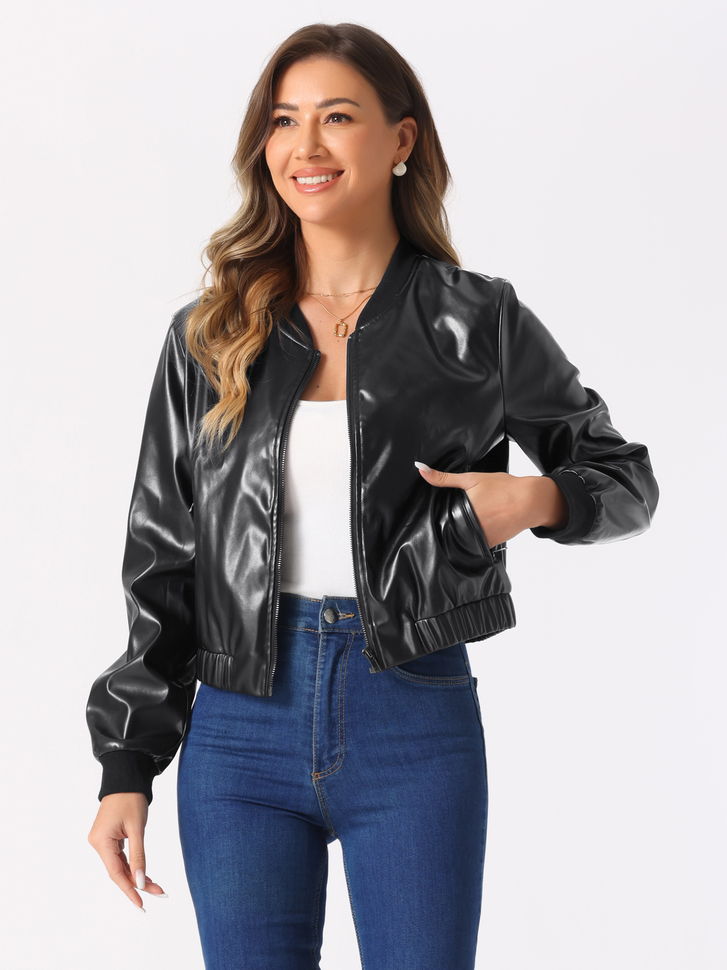 PU Faux Leather Zip Up Cropped Moto Biker Bomber Jacket Black/L