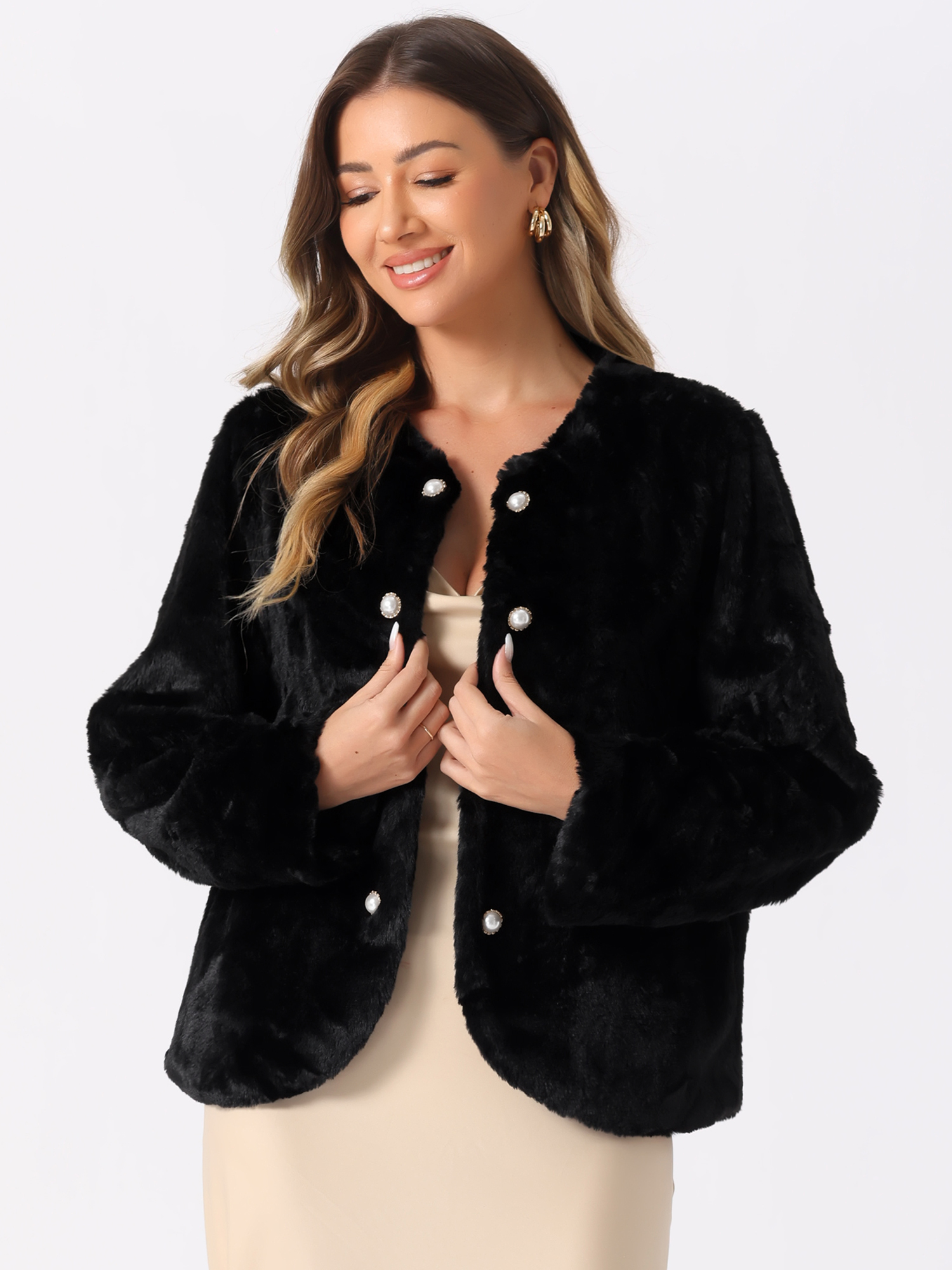Faux Fur Long Sleeve Pockets Pearl Button Fluffy Jacket Black/XS