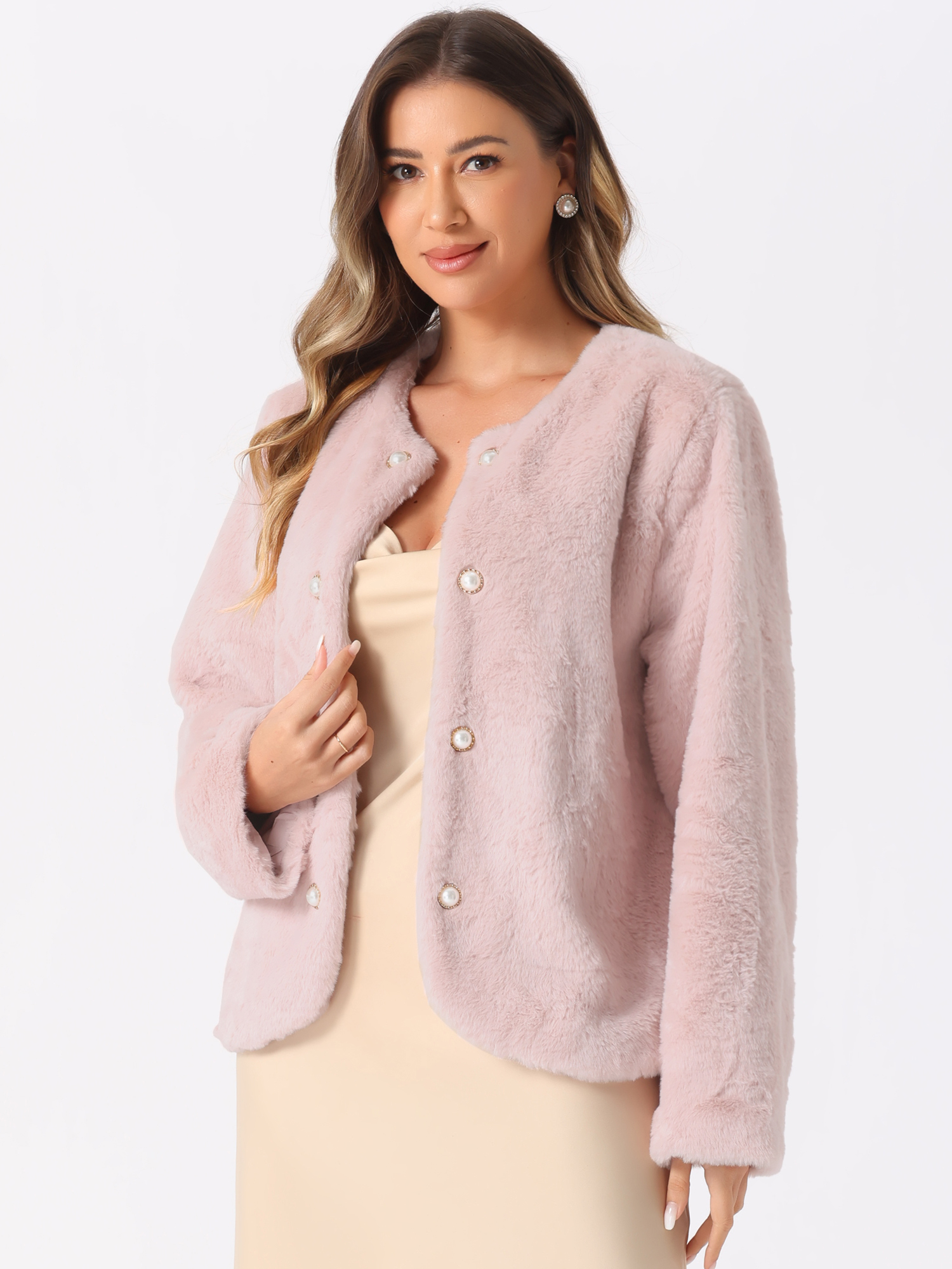 Faux Fur Long Sleeve Pockets Pearl Button Fluffy Jacket Pink/M