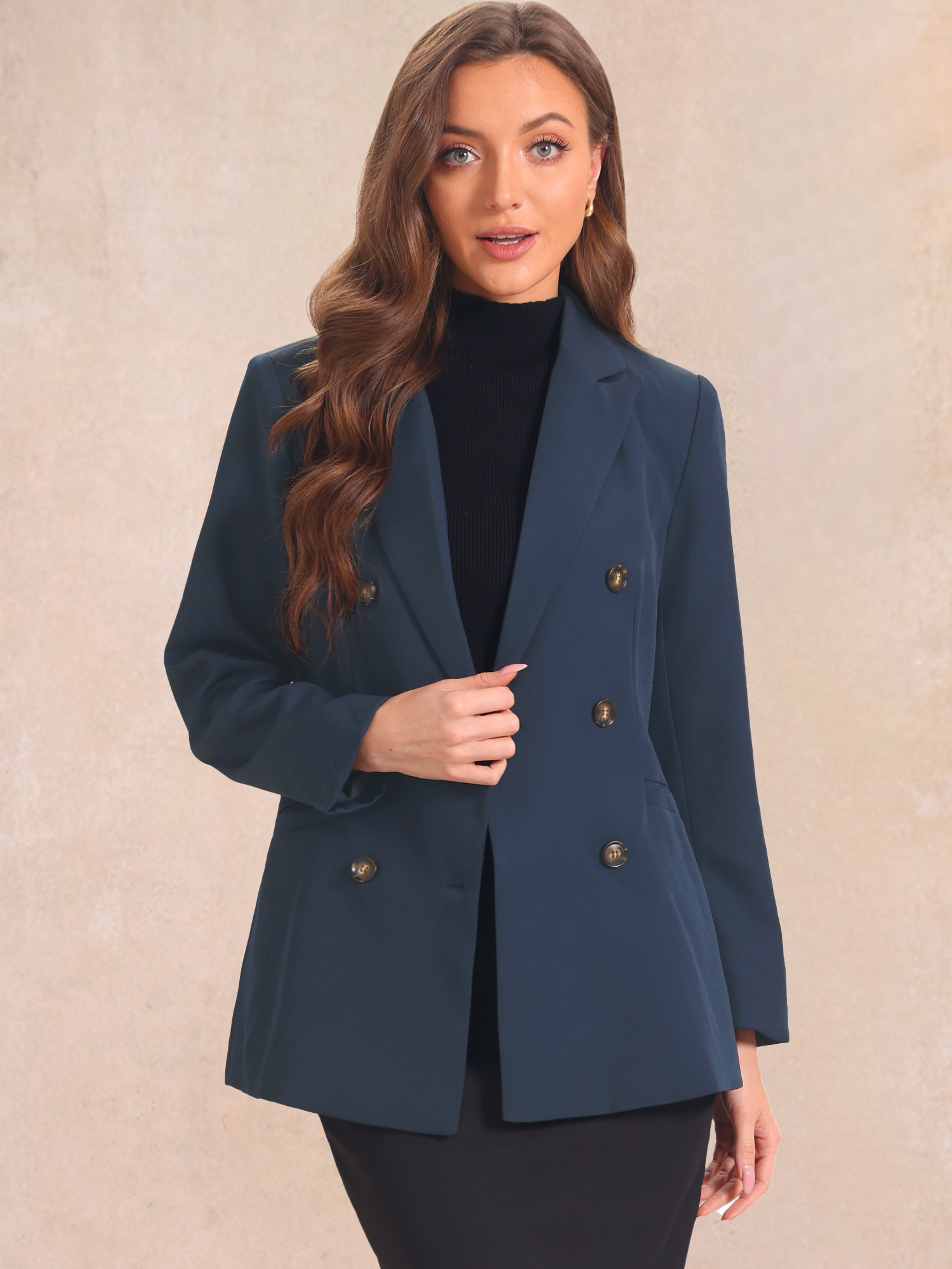 Lapel Collar Shoulder Pads Double Breasted Work Office Blazer Dark Blue/L