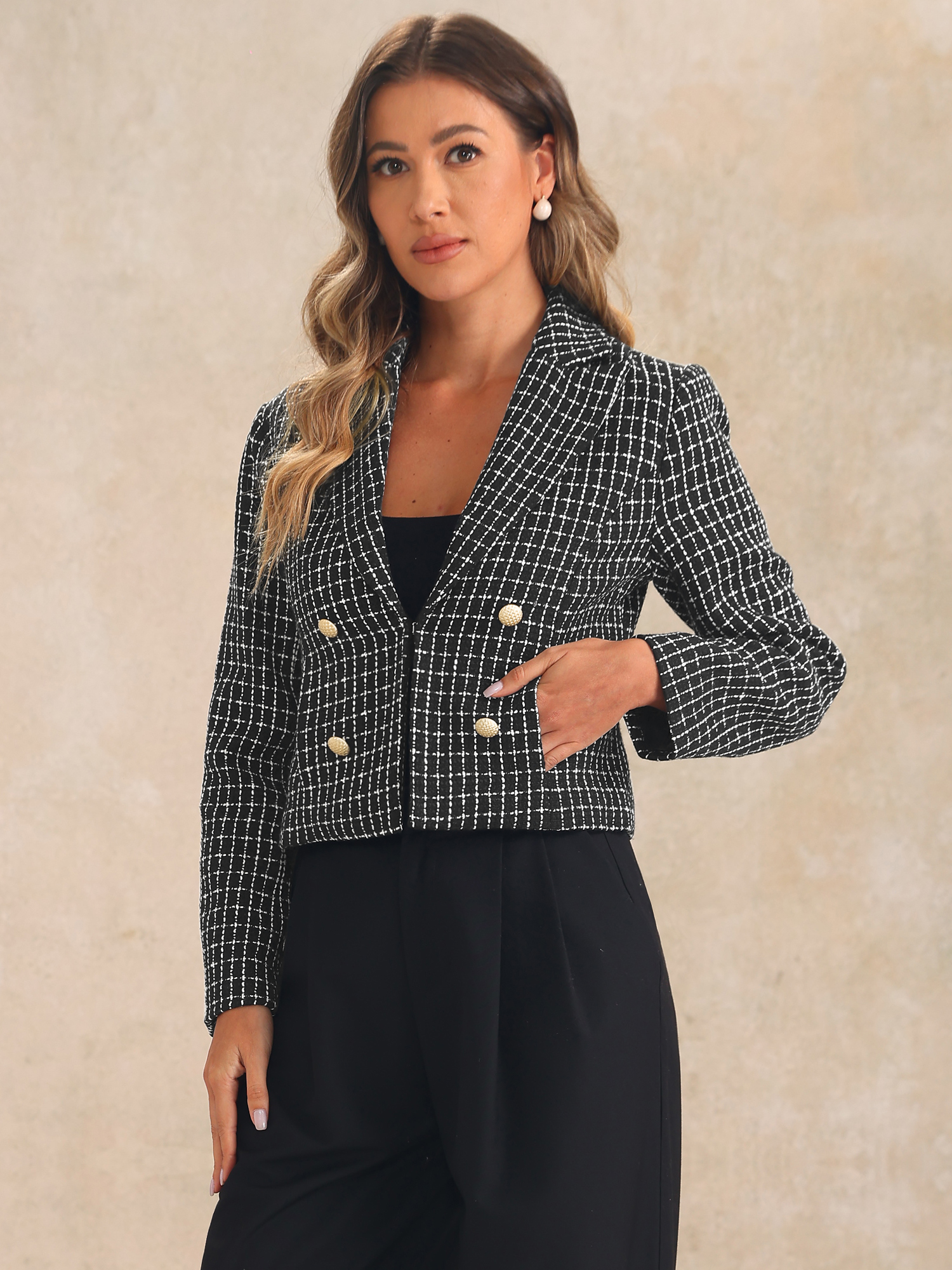 Notched Lapel Buttons Long Sleeve Textured Cropped Jacket Black/M