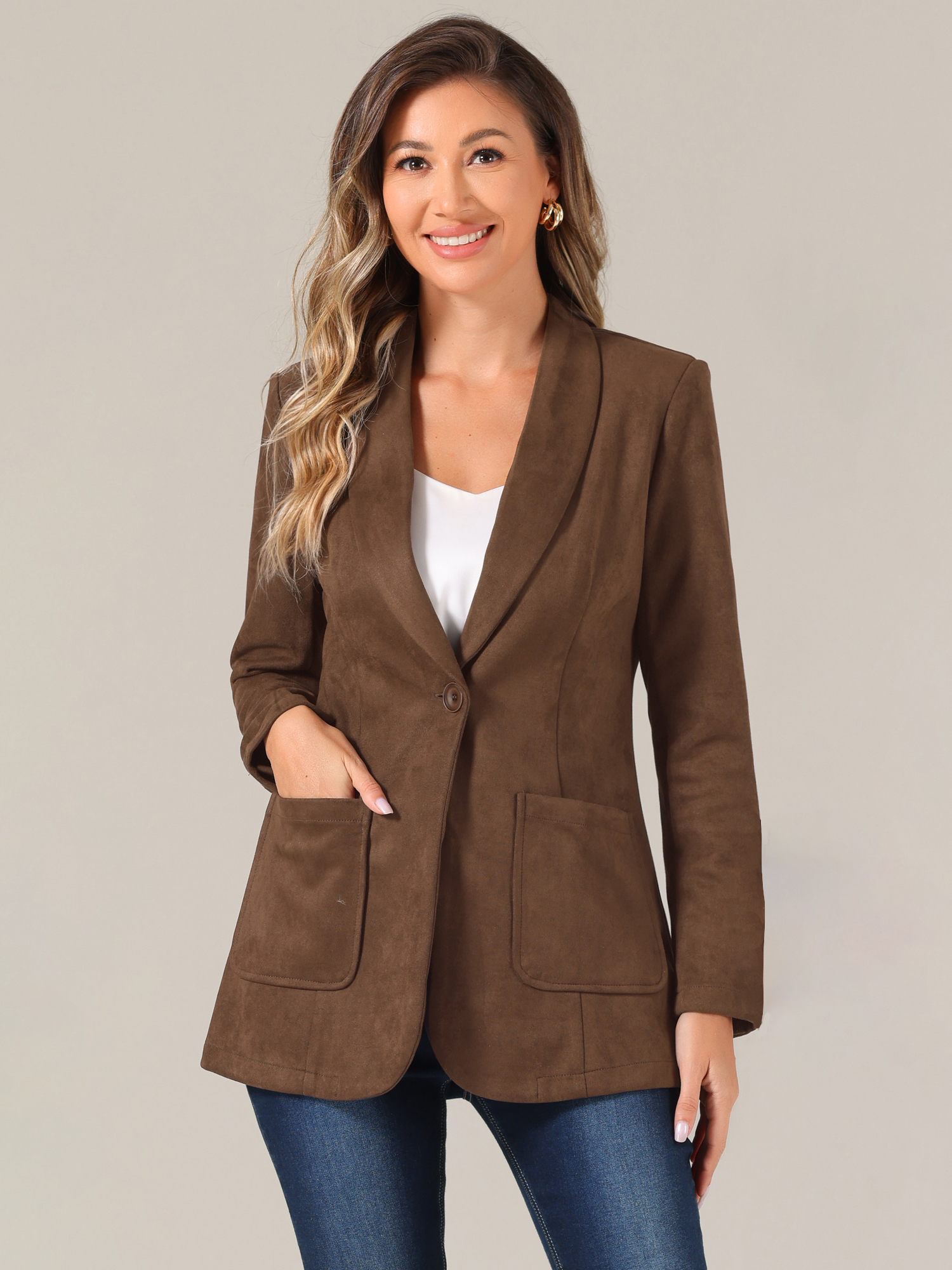 Faux Suede Shawl Collar One Button Dressy Blazer Jacket Brown/XL