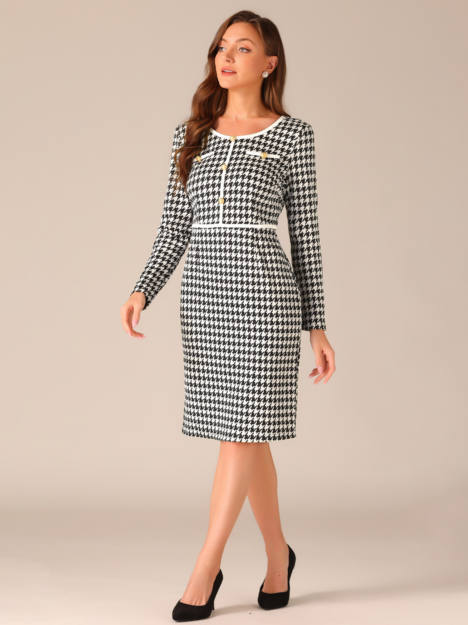 Houndstooth Round Neck Long Sleeve Sheath Midi Dress Black/S